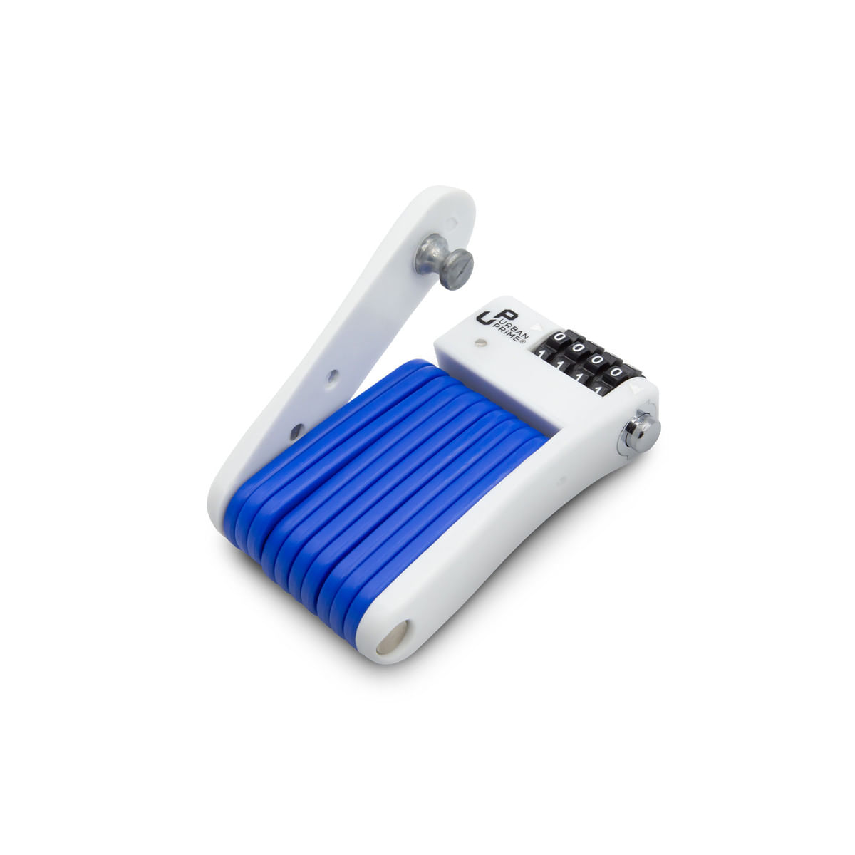 Lucchetto pieghevole per bici, blu e bianco, con combinazione e chiavi.