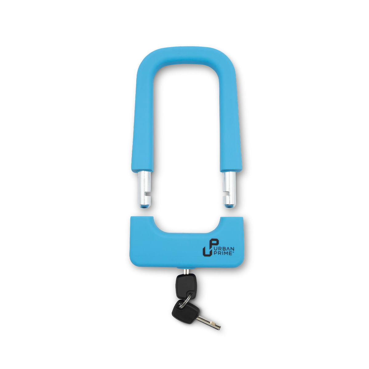 Lucchetto a U blu chiaro con chiavi e il logo 'Urban Prime'.
