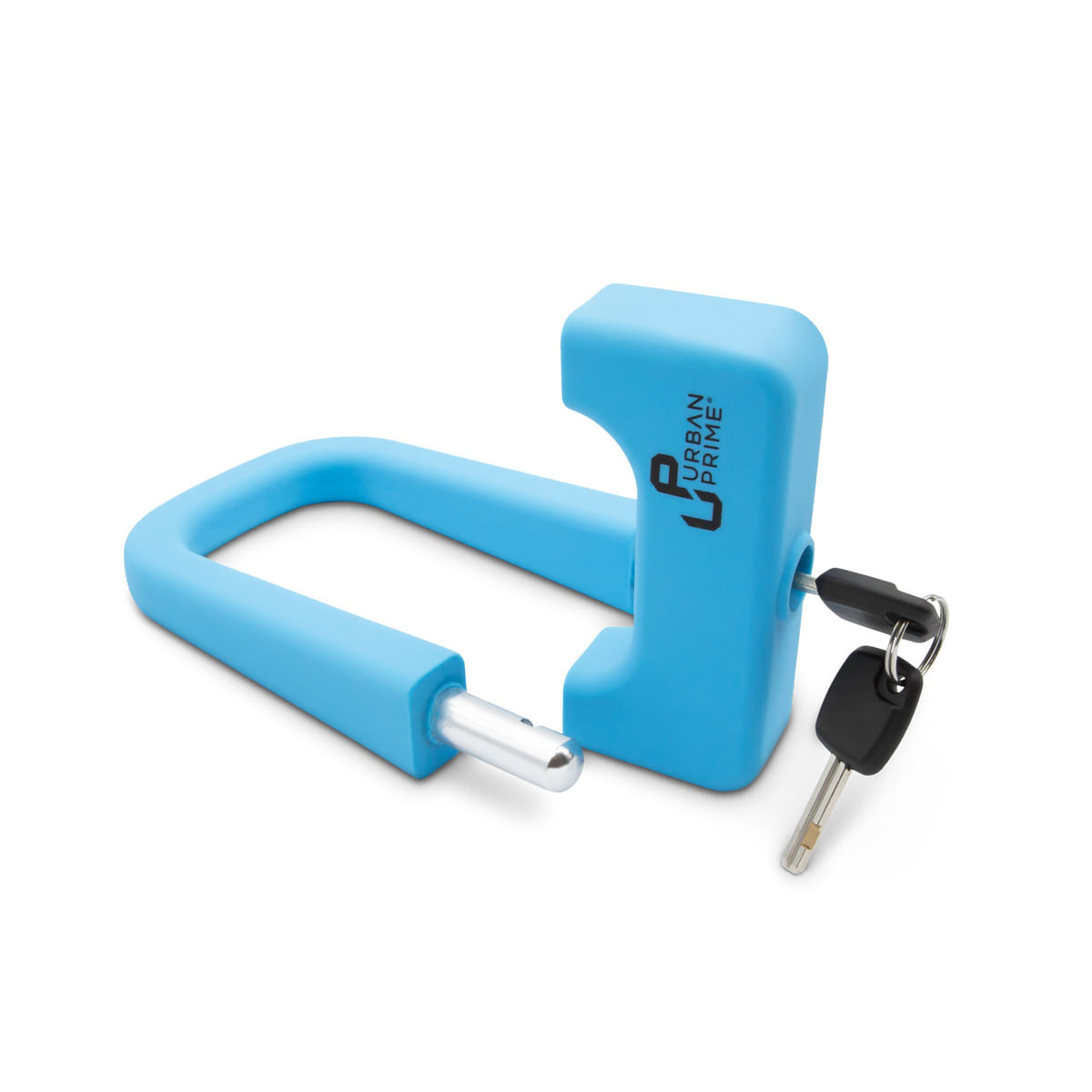 Lucchetto a U blu aperto con chiave inserita, logo 'Urban Prime'.