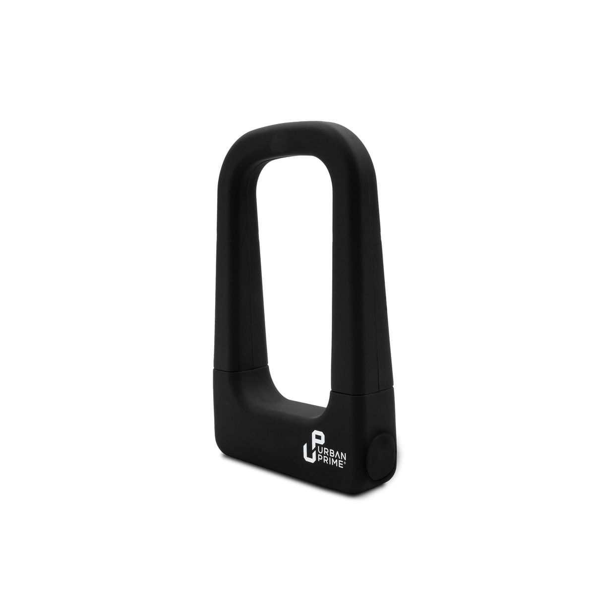 Lucchetto per bici nero a forma di U su sfondo bianco. 'Urban Prime' è sul lucchetto.