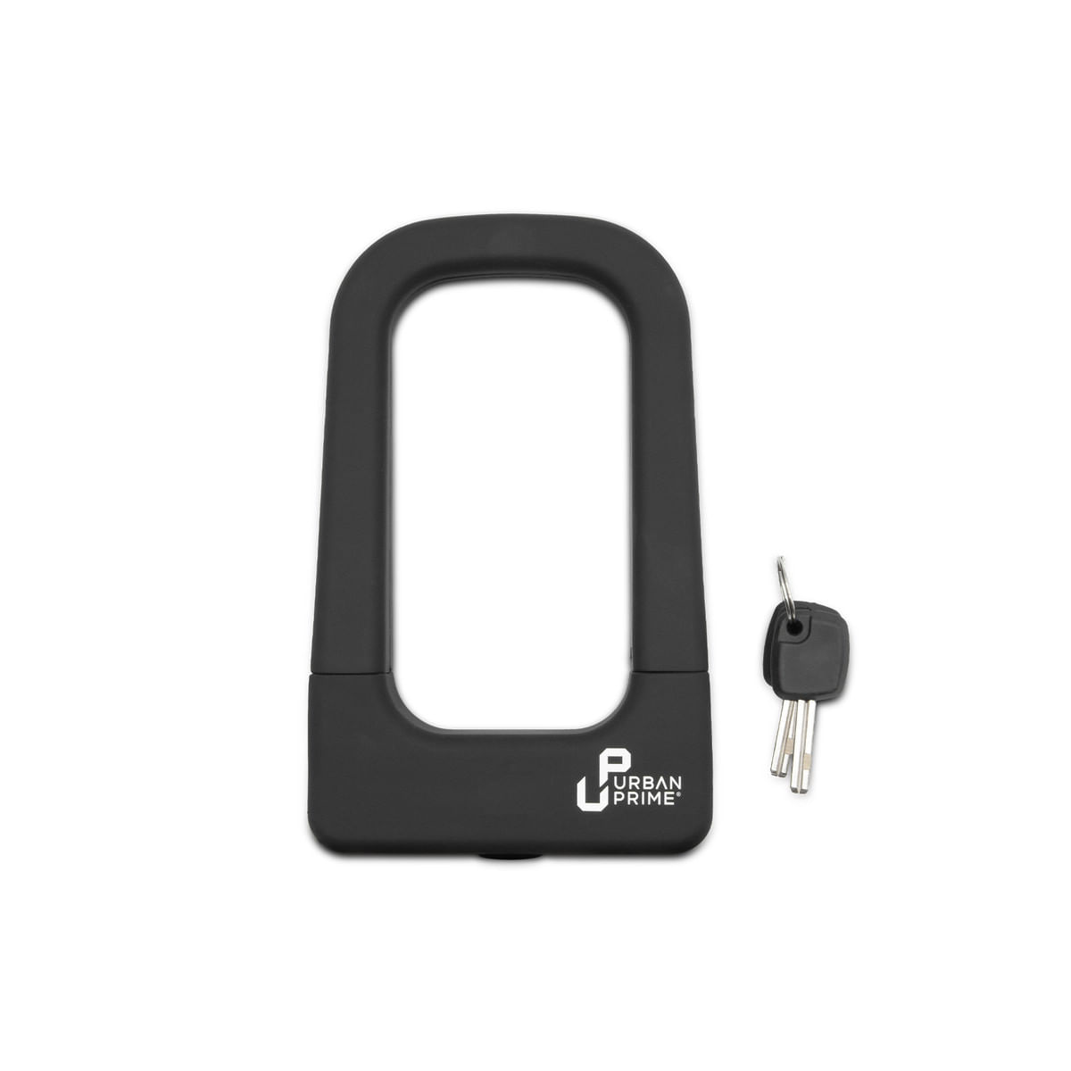 Lucchetto per bici nero a forma di U con chiavi su sfondo bianco. 'Urban Prime' è sul lucchetto.