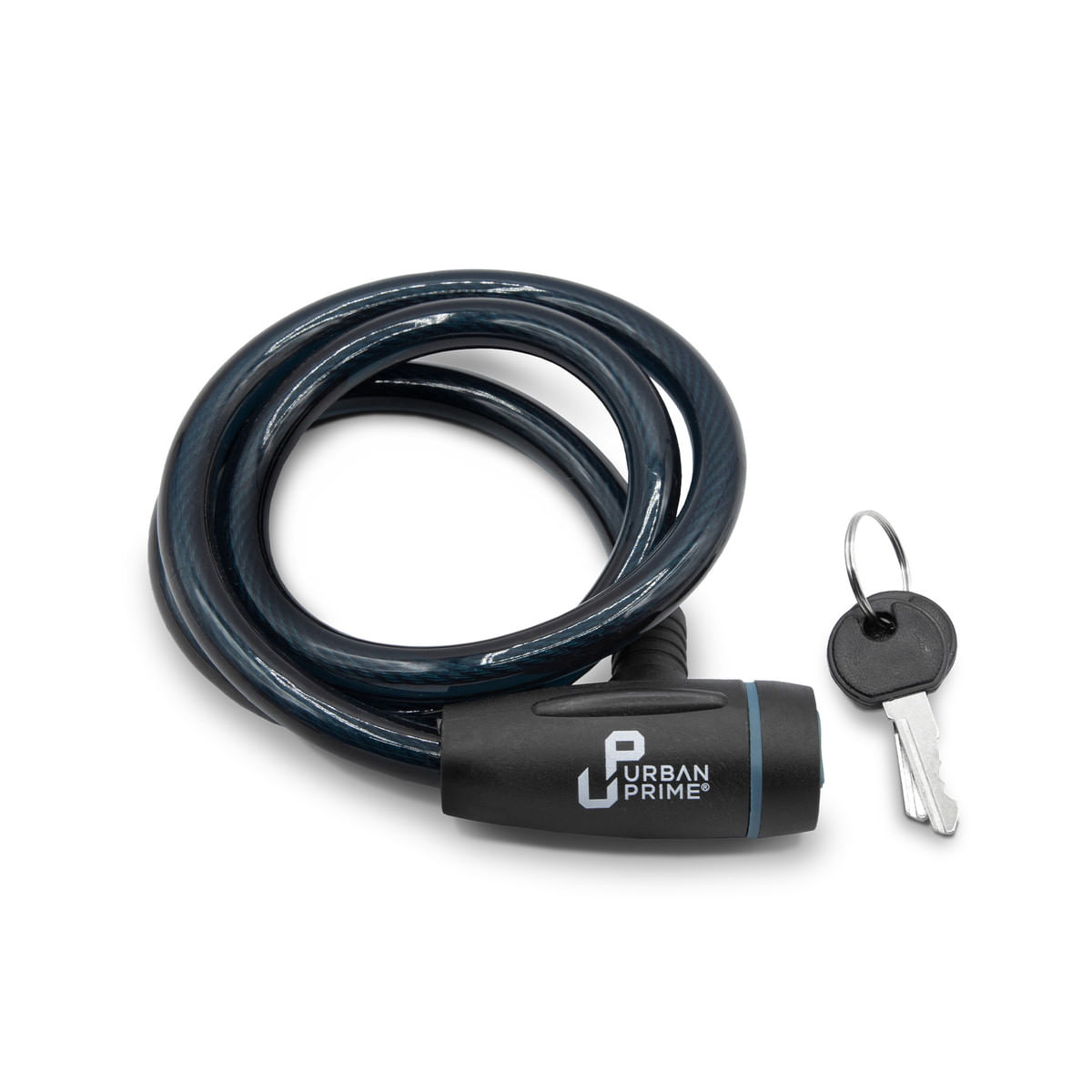 Lucchetto a cavo a spirale blu scuro con chiavi, logo 'Urban Prime'.