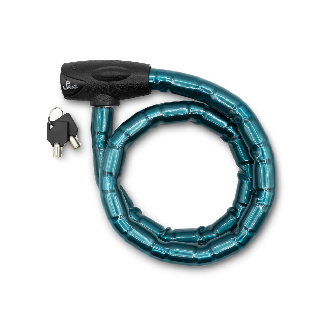 Candado de bicicleta azul enrollado. Un cabezal de cerradura negro, dos llaves y un fondo blanco. 'Urban Prime' está en el candado.