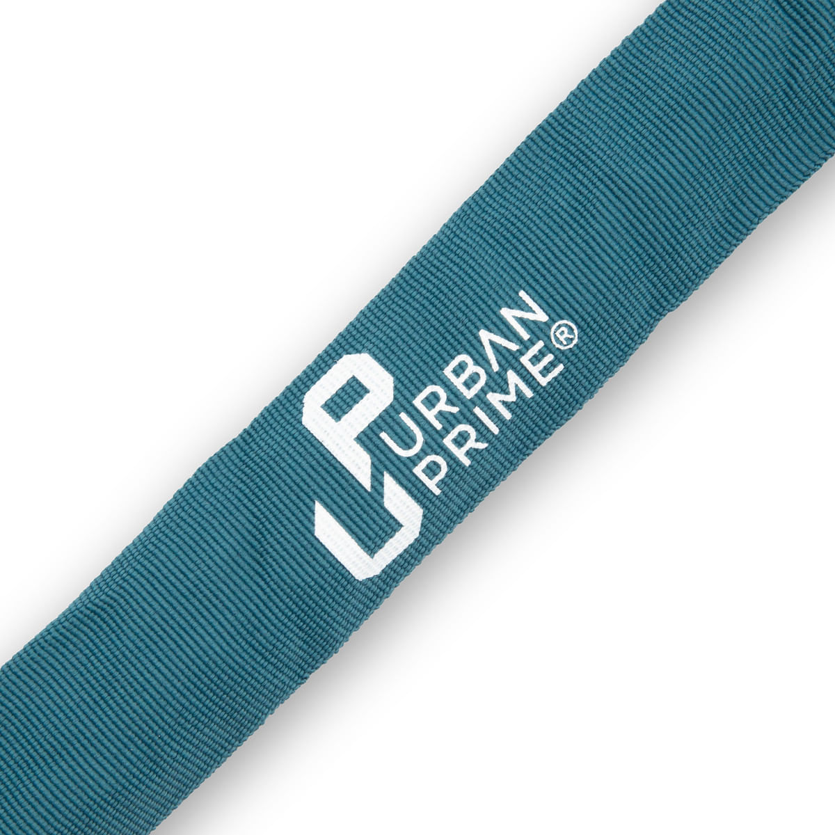 Primo piano del lucchetto a catena turchese con logo Urban Prime, su sfondo bianco.