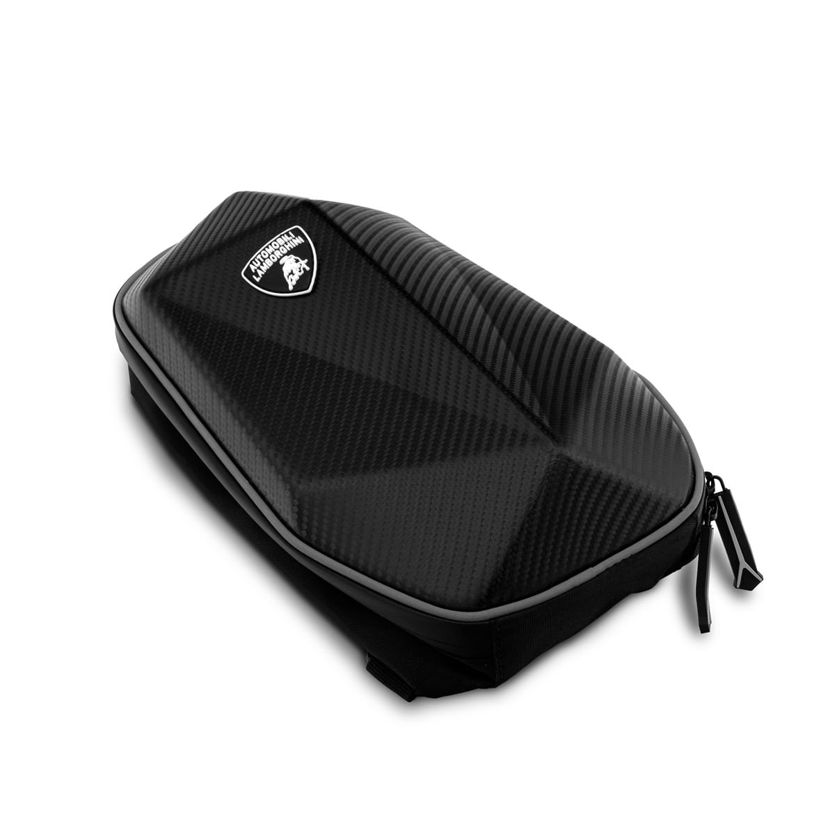 Borsa da bici Lamborghini nera con logo, su sfondo bianco.