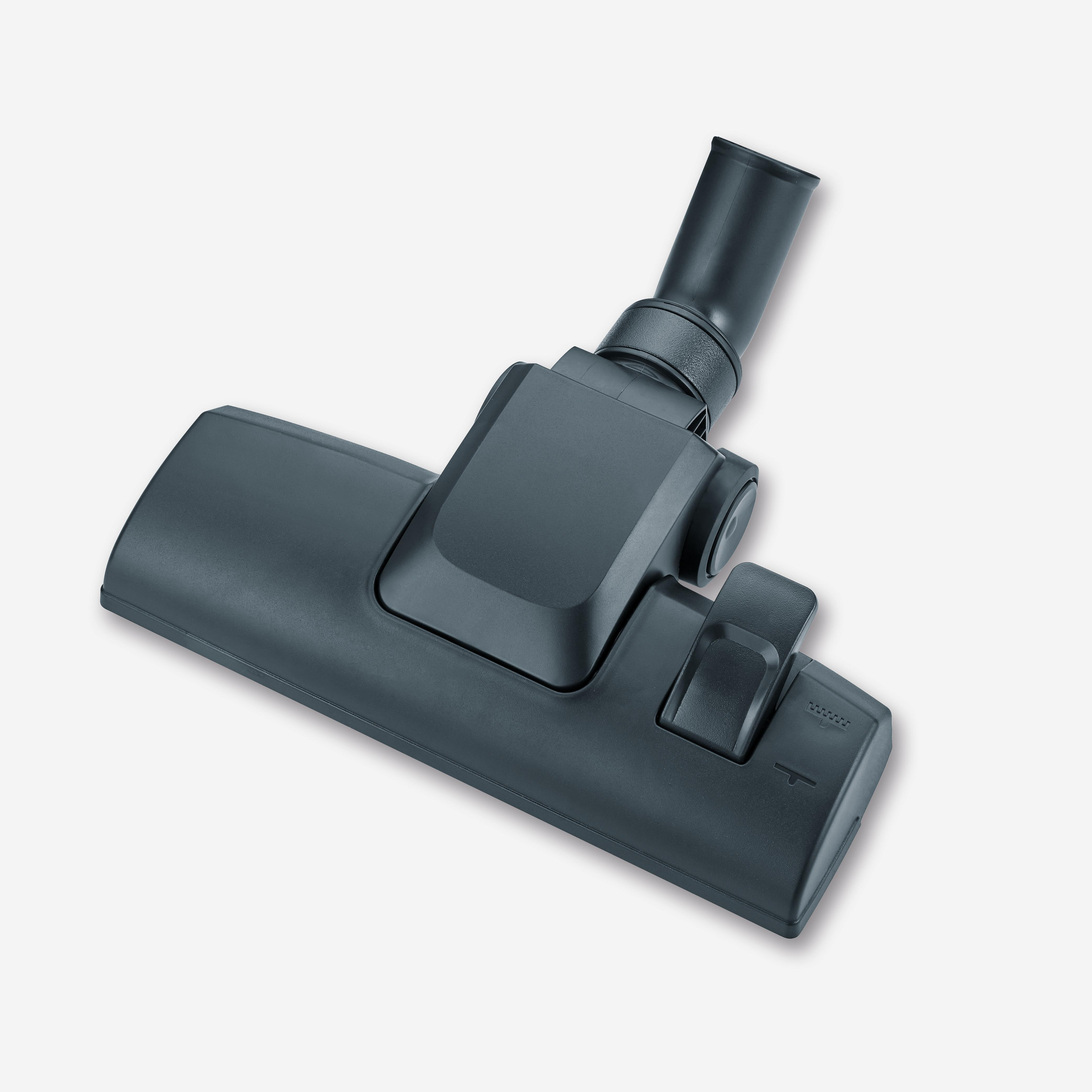 Stofzuigerkop. Zwart met een borstel en een knop bovenop.