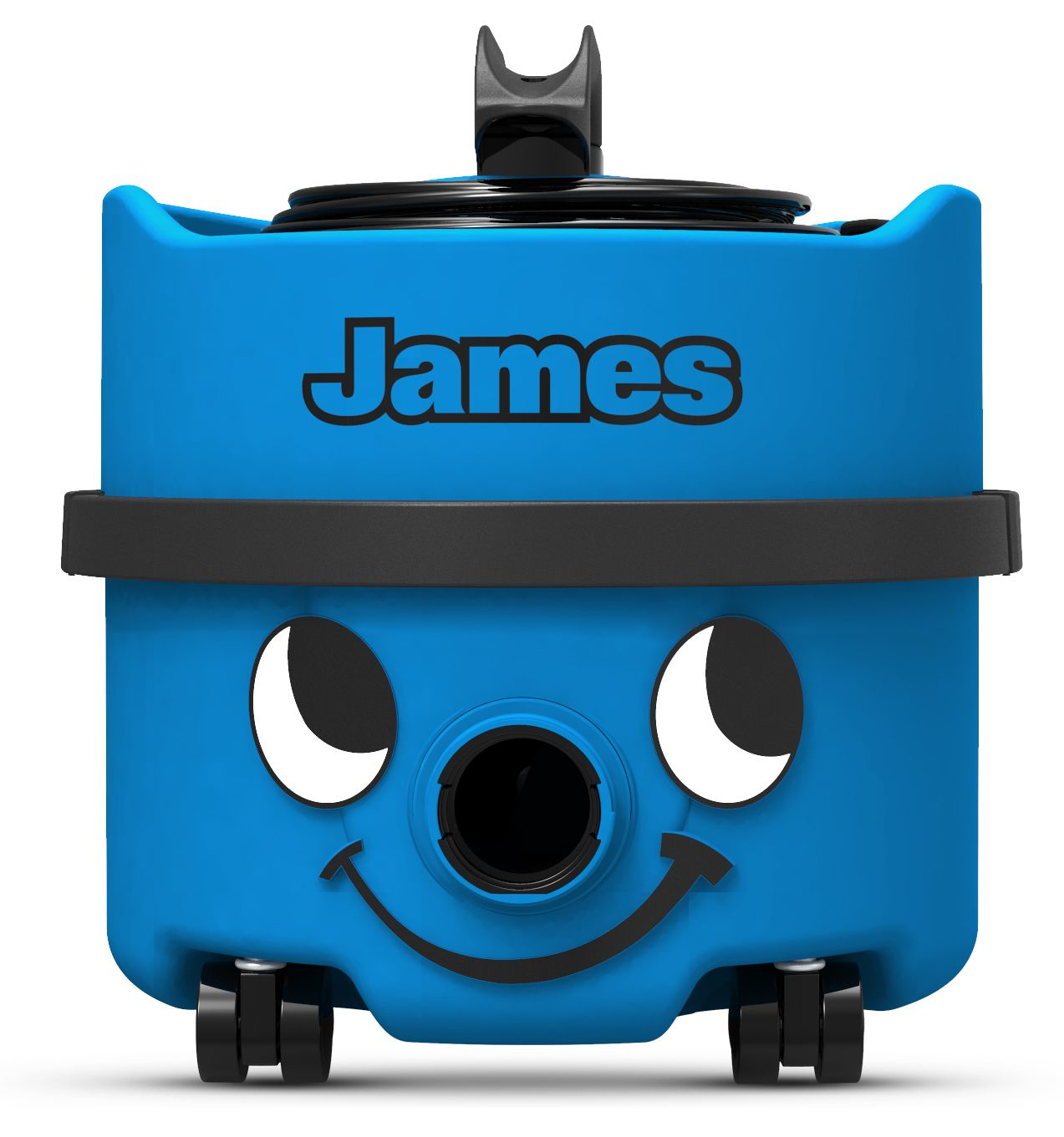 Blue vacuum cleaner named James. It has a smiling face and black wheels.