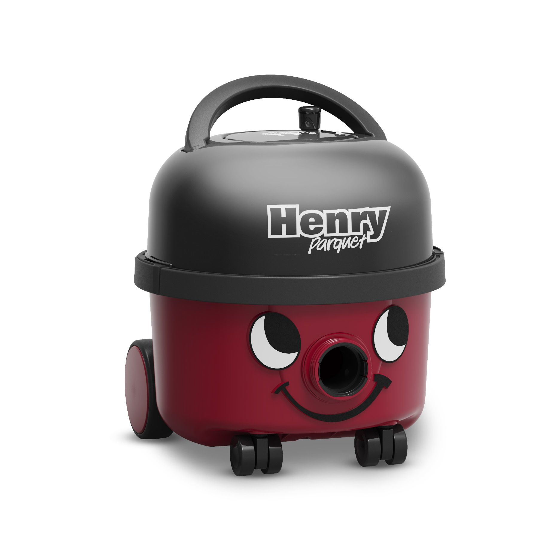 Aspirapolvere rosso e nero chiamato Henry Parquet. Ha una faccia sorridente.