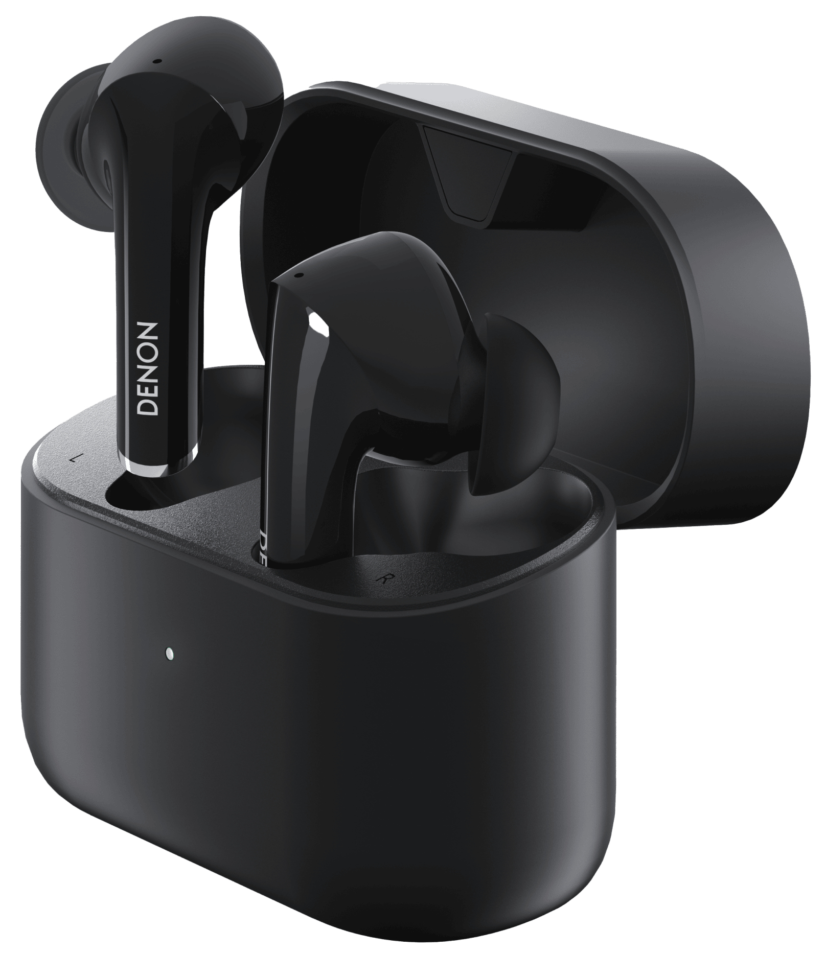 Czarne słuchawki Denon i etui ładujące na białej powierzchni. Słuchawki znajdują się na powierzchni.