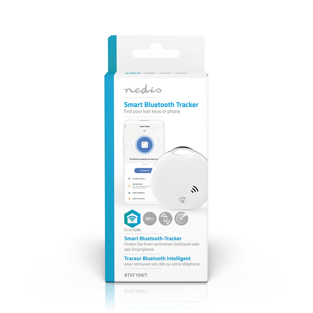 A white and black box of a Bluetooth tracker with a white tracker in the center.
