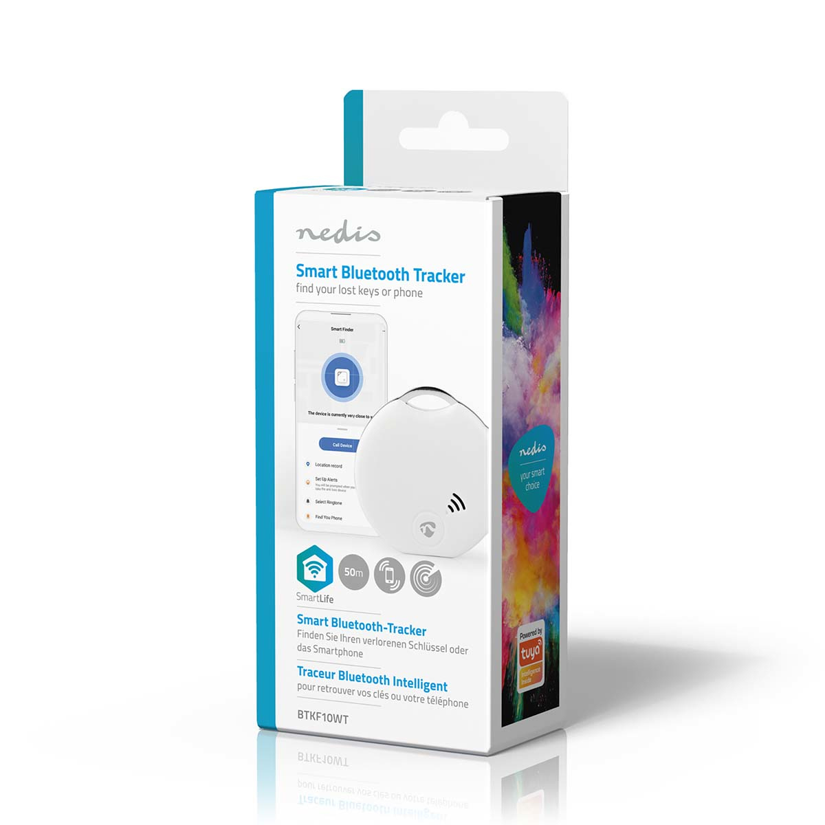 A white and black box of a Bluetooth tracker with a white tracker and the box is open.