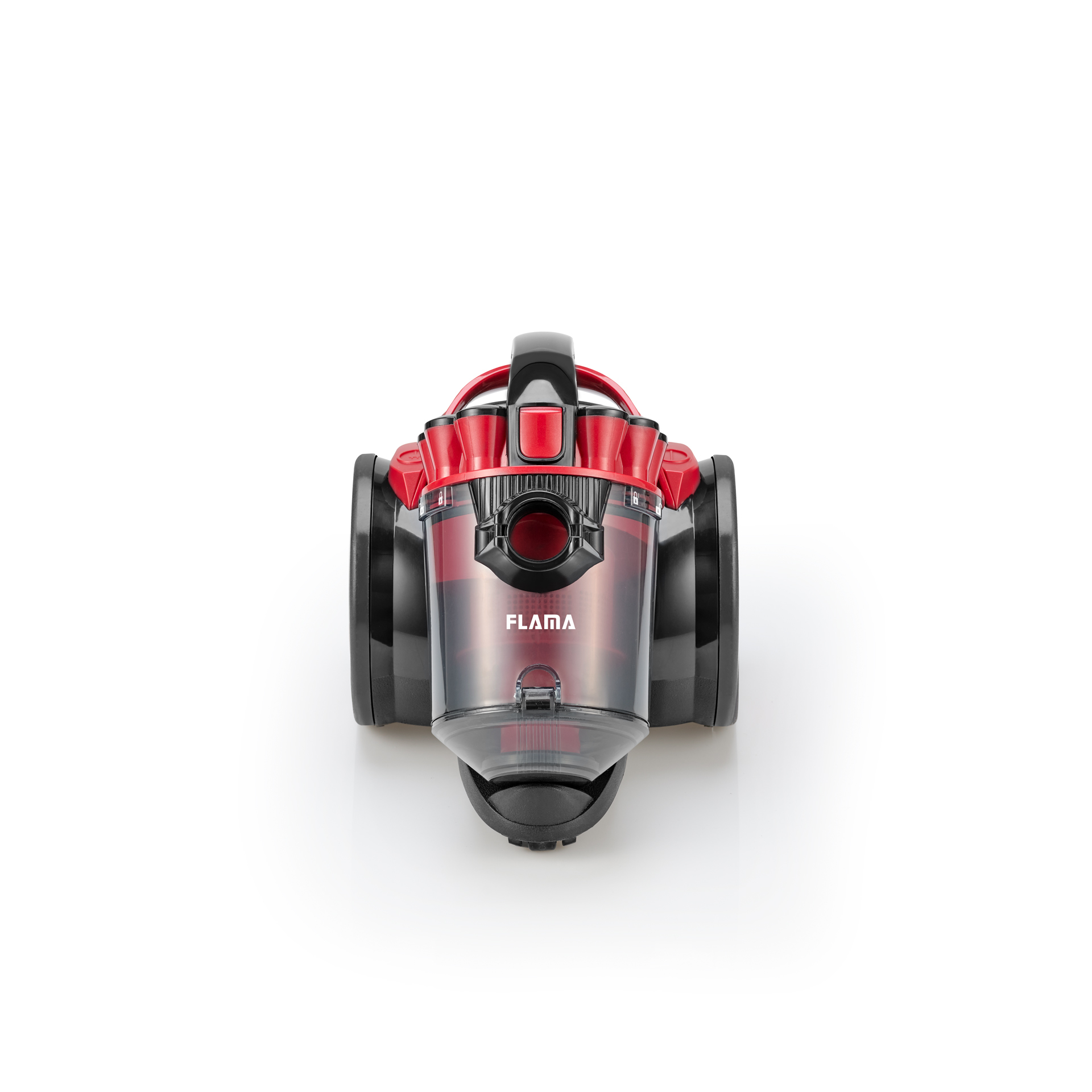 Czerwony i czarny odkurzacz, widok z góry, na białym tle. Flama jest na korpusie.