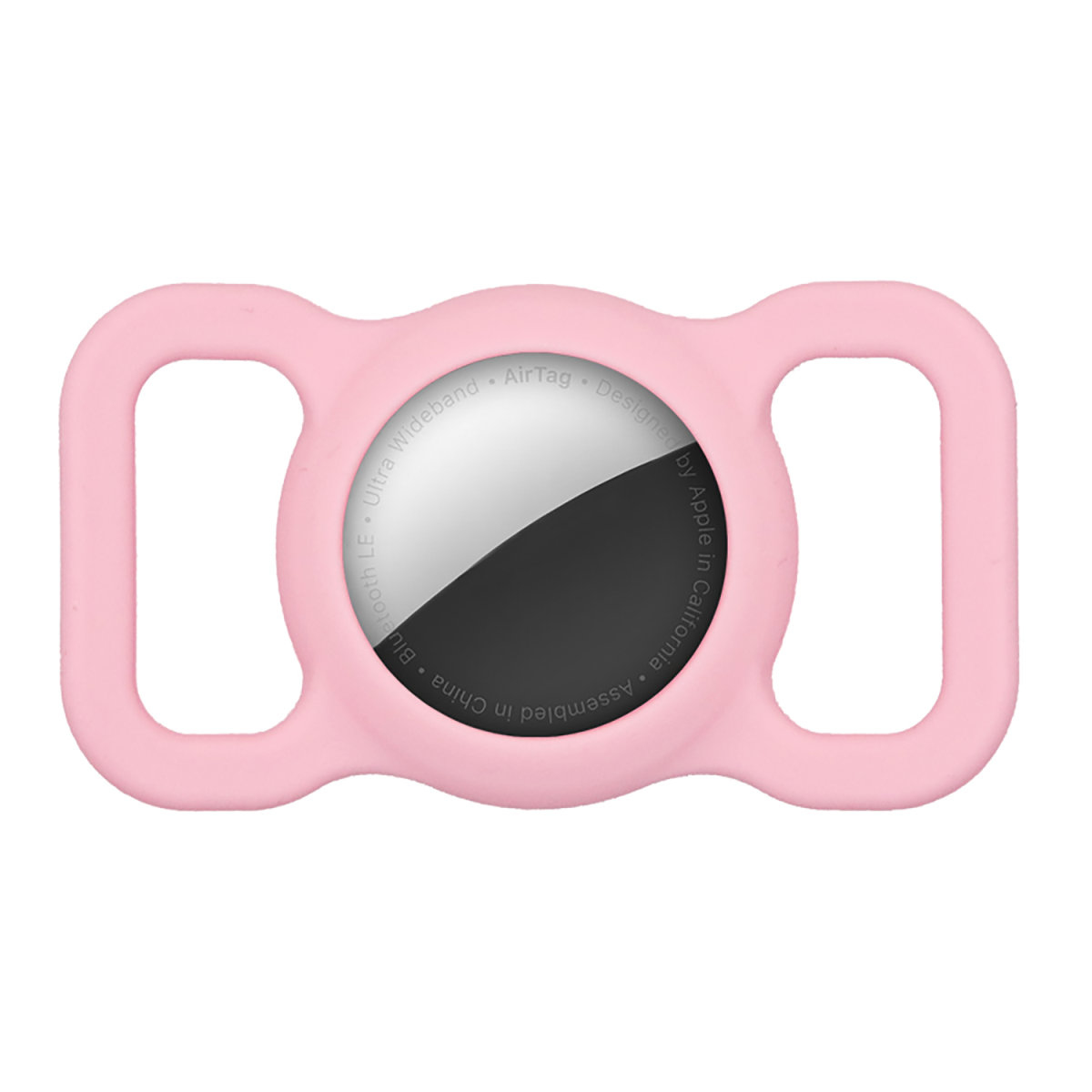 Soporte rosa para AirTag con tres aberturas, sobre fondo blanco. Logotipo plateado de Apple en el centro.