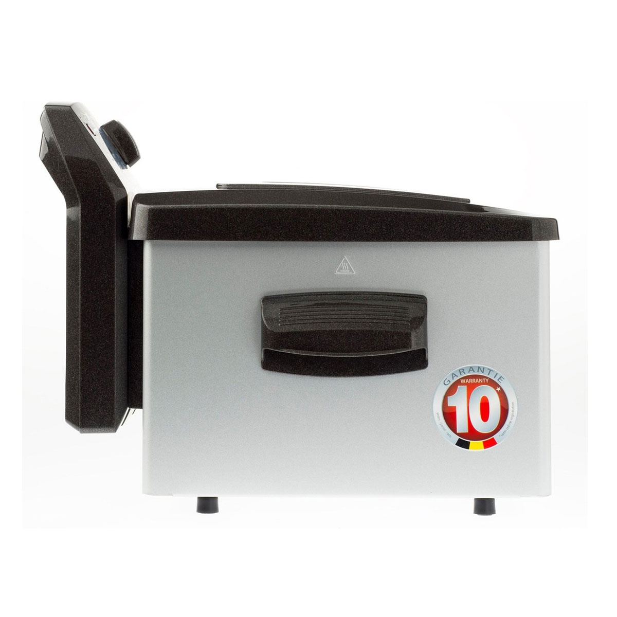 A silver deep fryer with a black top and control panel. It is on a white background.