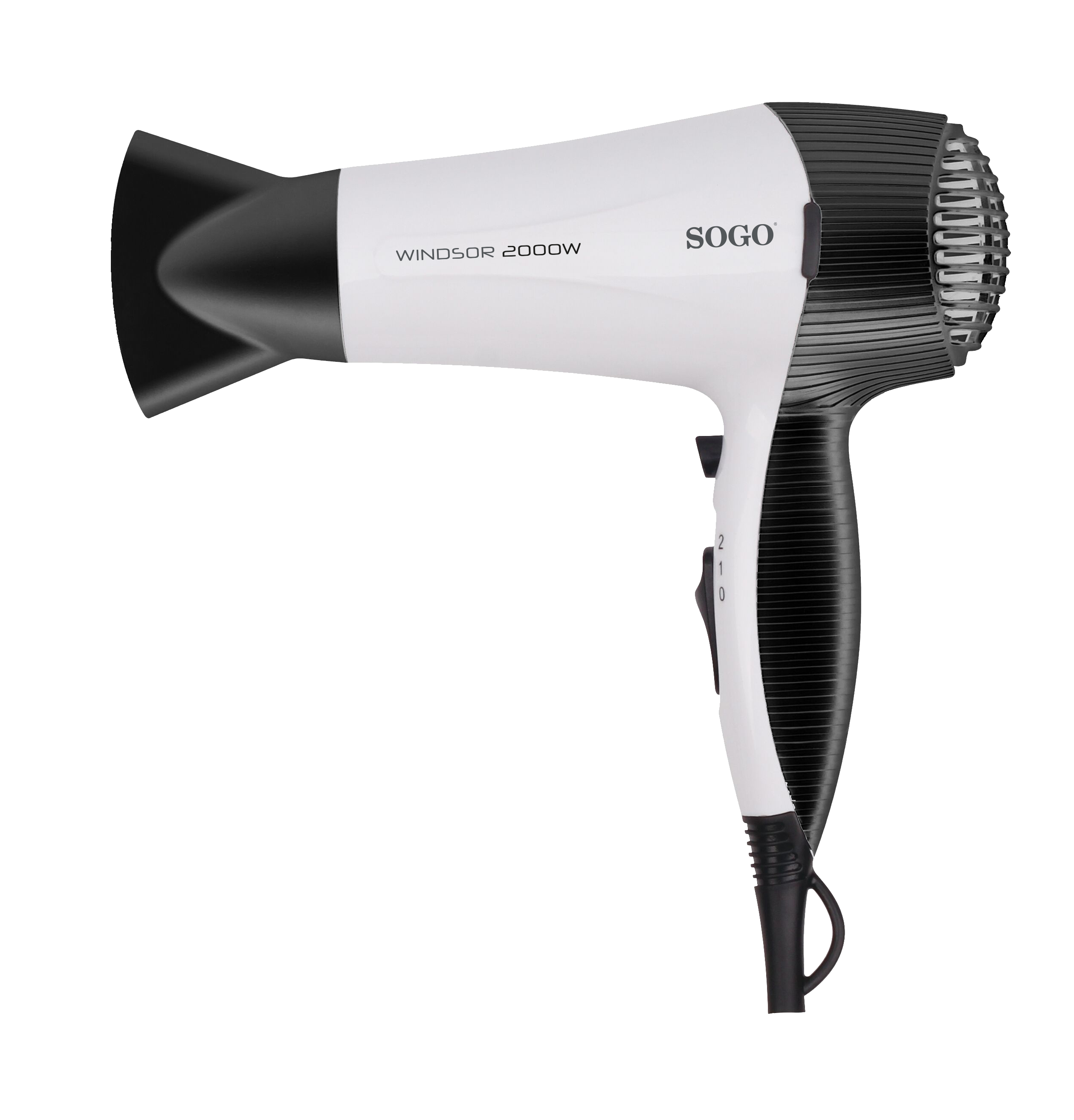 Secador de pelo blanco y negro, marca SOGO. El secador está sobre un fondo blanco.