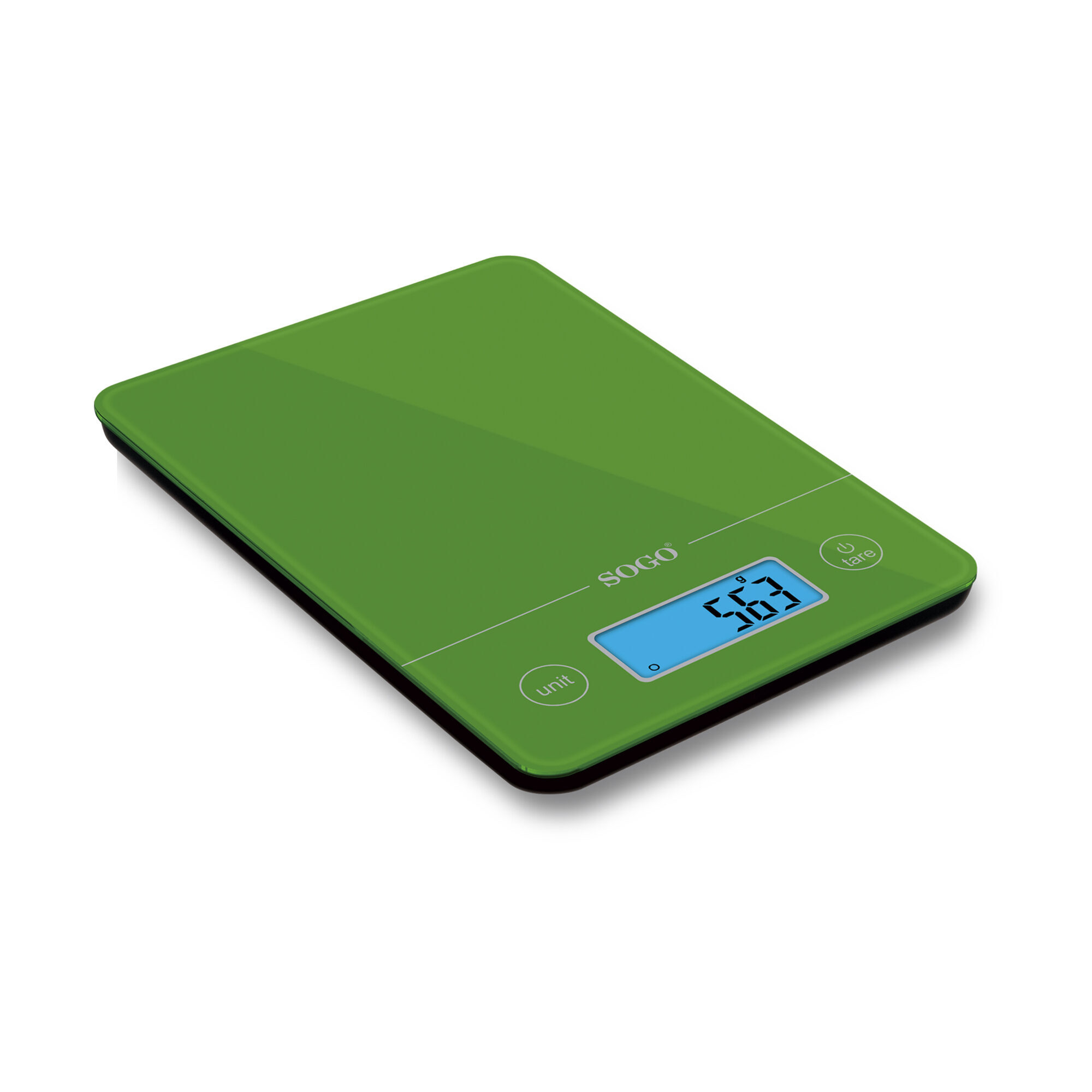 Báscula de cocina digital verde de SOGO. Muestra 563 en la pantalla.