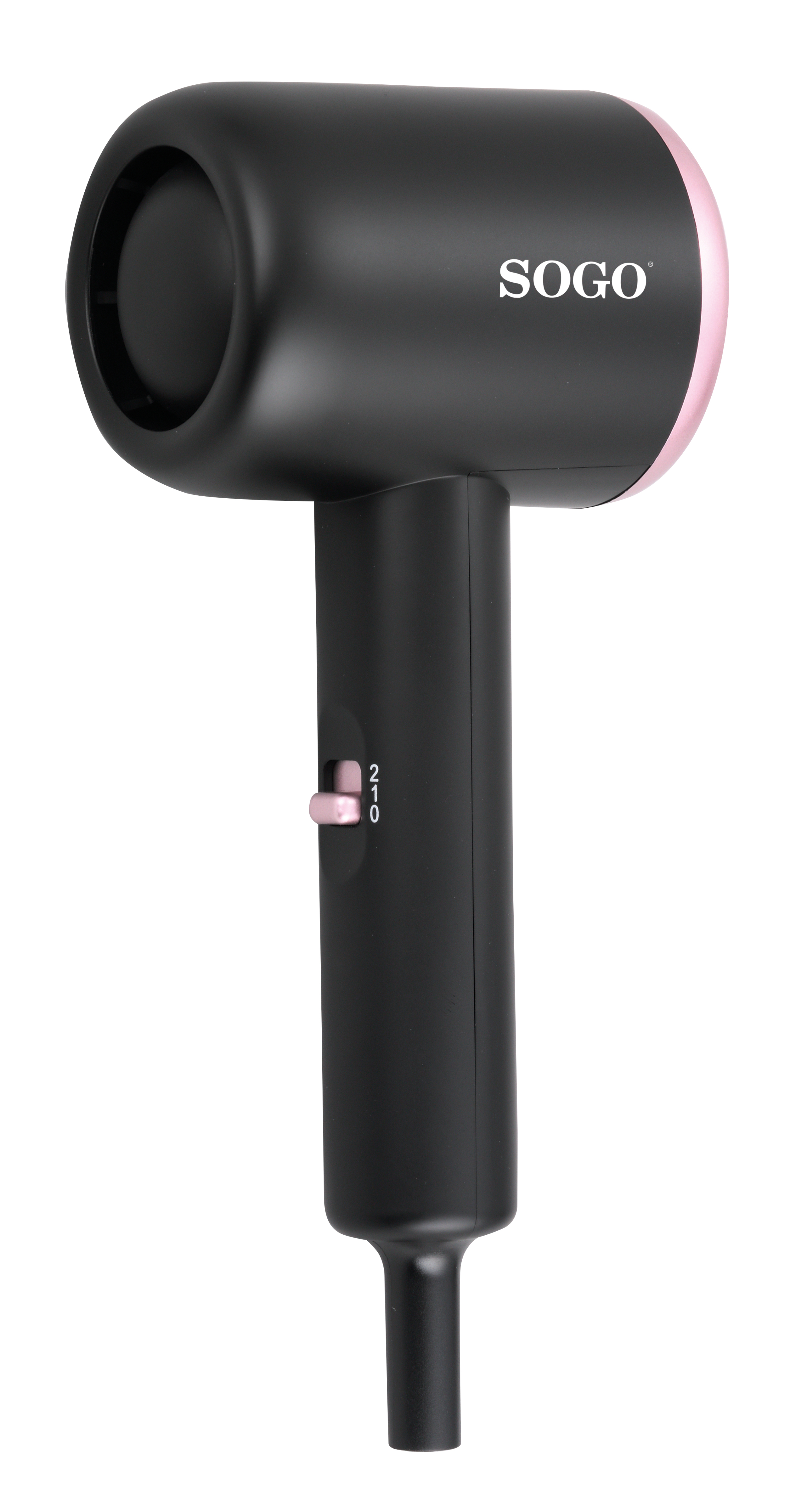 Secador de pelo SOGO negro con detalles rosas, ajustes de potencia visibles.