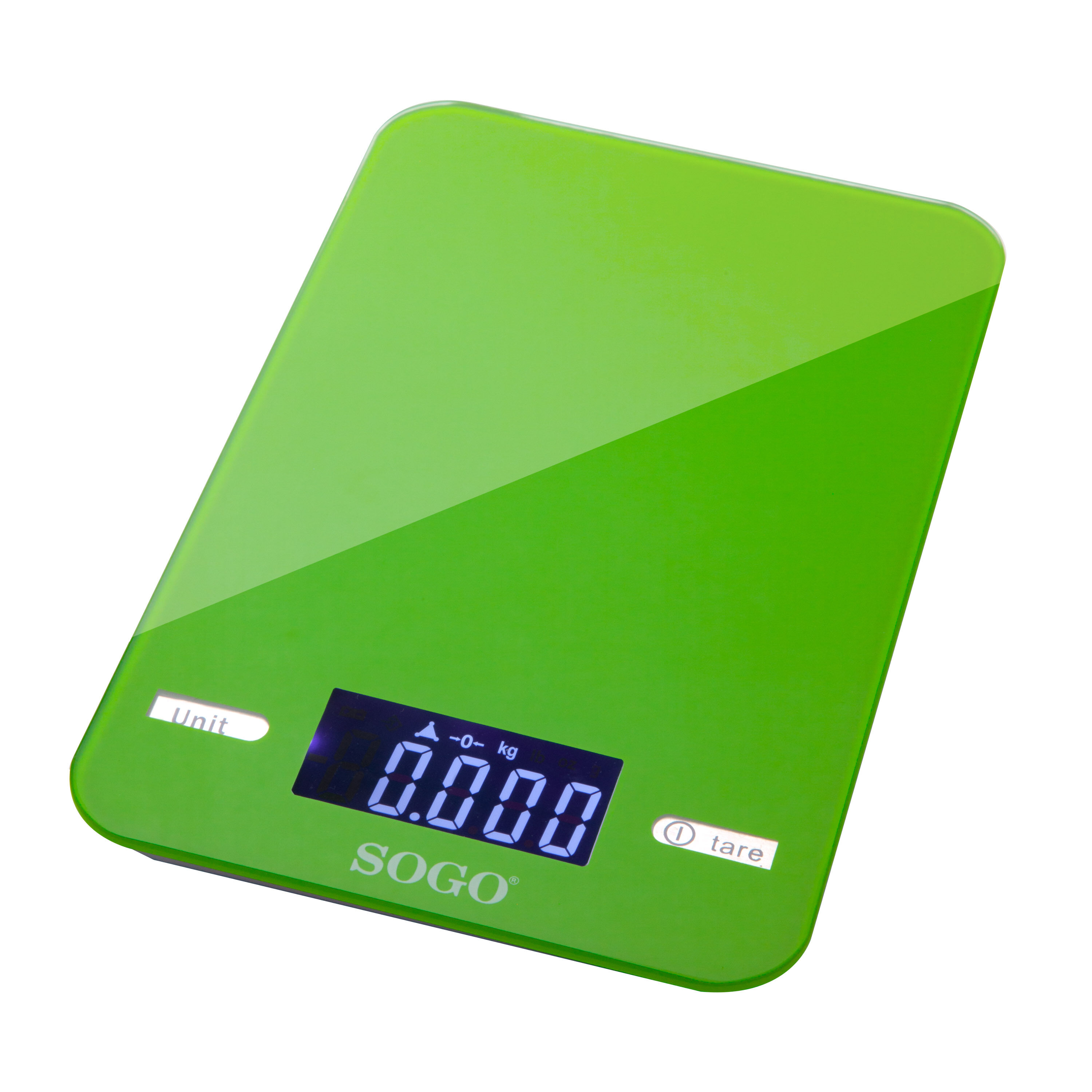 Bilancia da cucina digitale verde che mostra 0,000 kg.