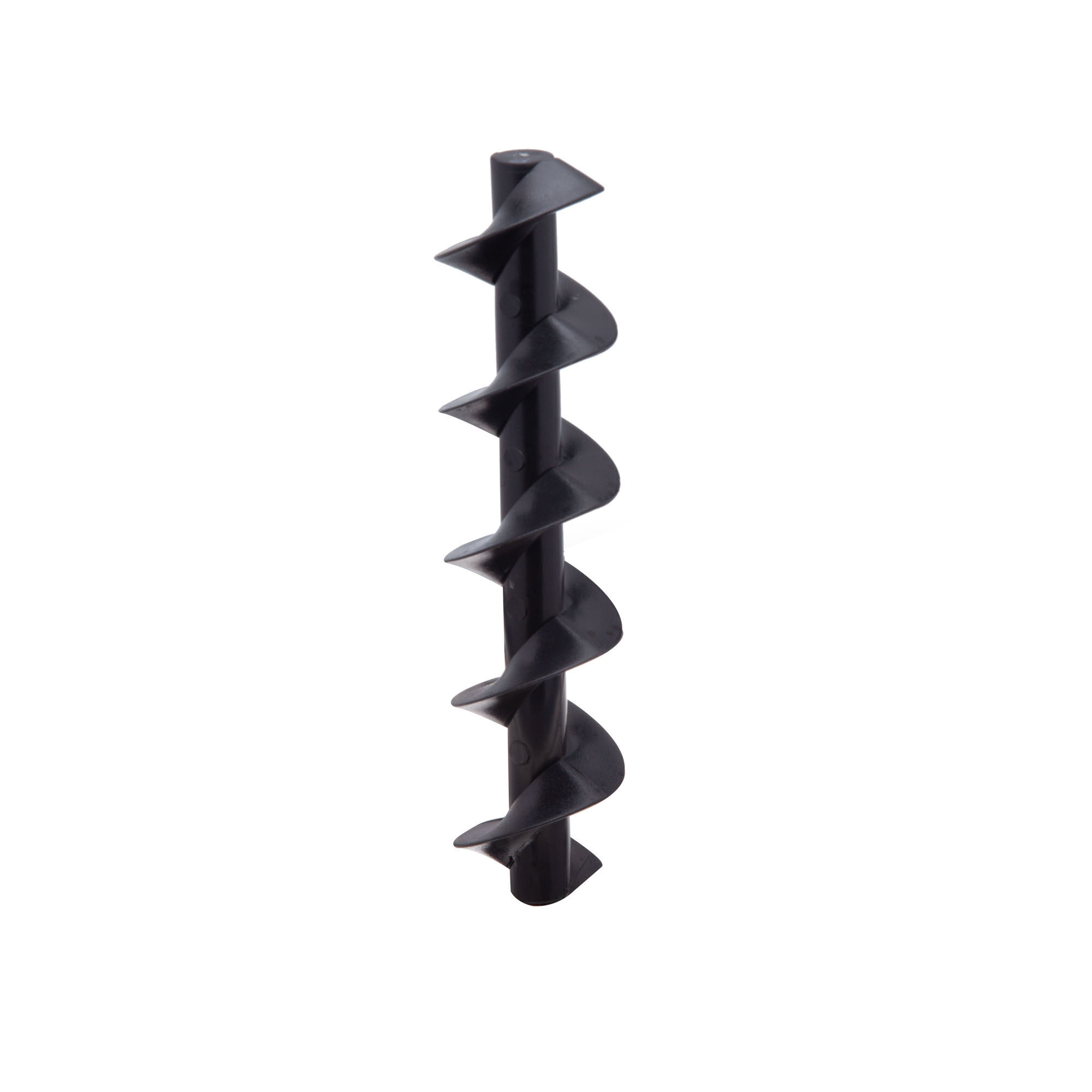 Una broca de barrena negra con diseño en espiral, aislada sobre fondo blanco.
