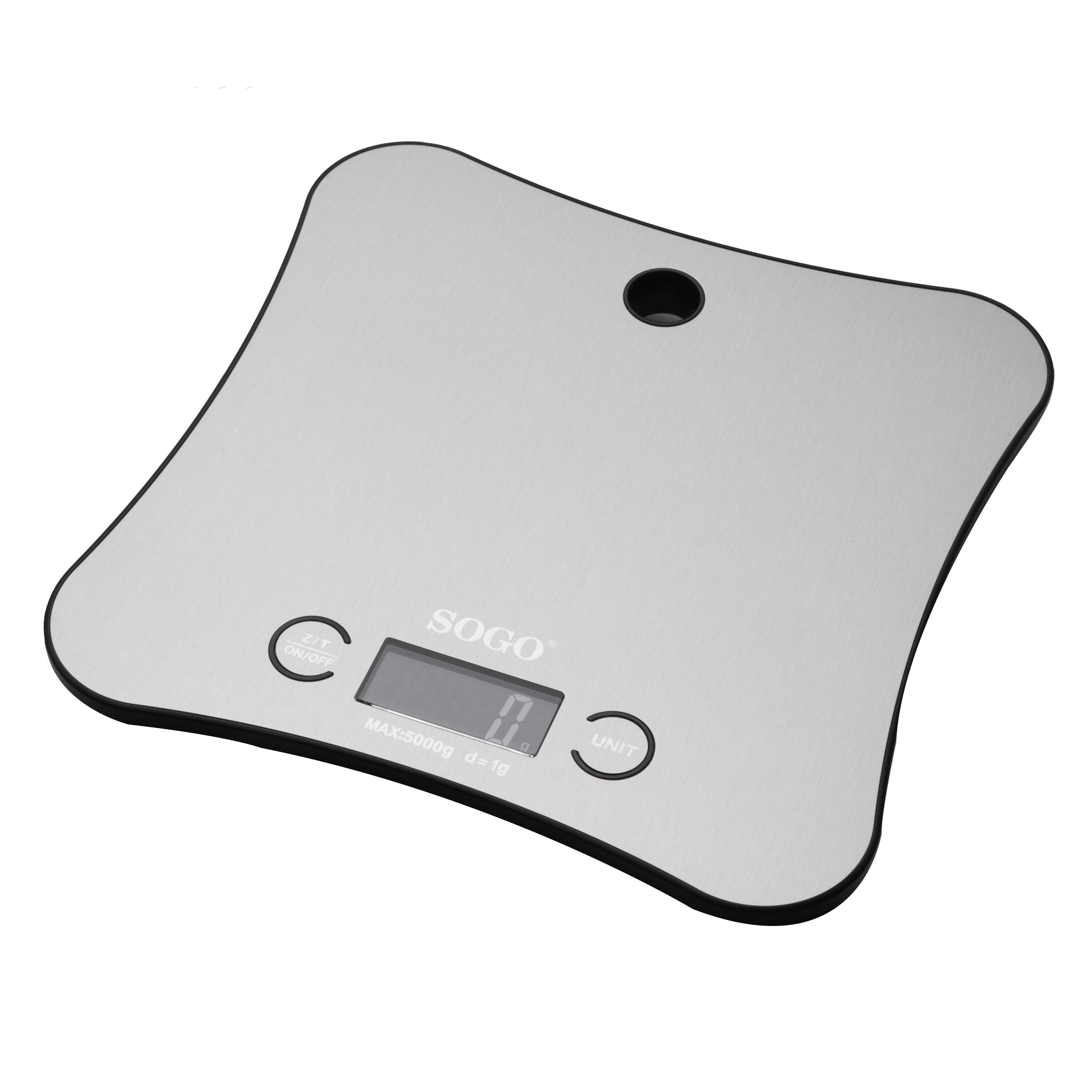 Srebrna cyfrowa waga kuchenna o unikalnym kształcie, wyświetlająca zero.