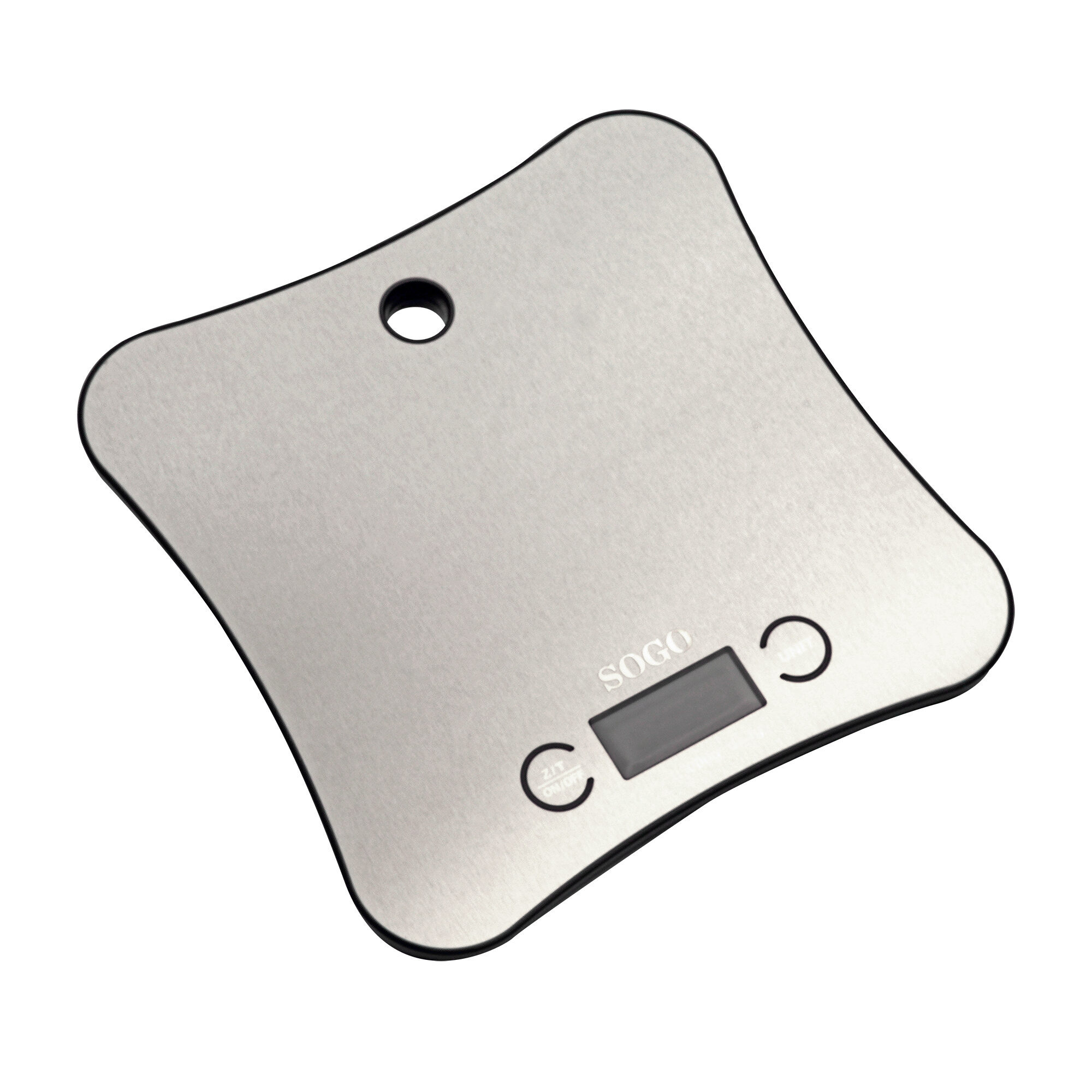 Srebrna cyfrowa waga kuchenna o unikalnym kształcie, wyświetlająca zero.