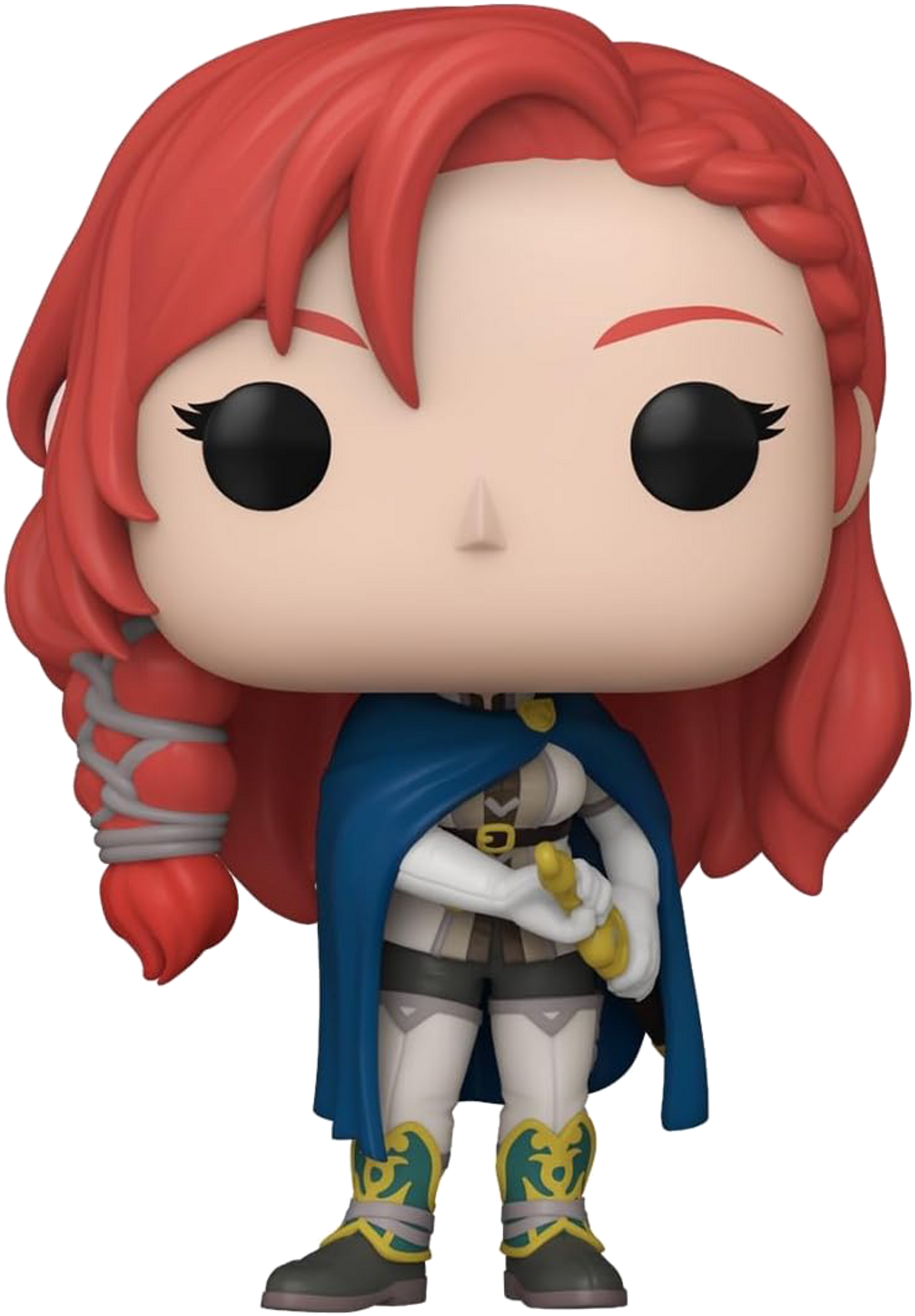 Figurka Funko Pop postaci z rudymi włosami, niebieskim płaszczem i mieczem.