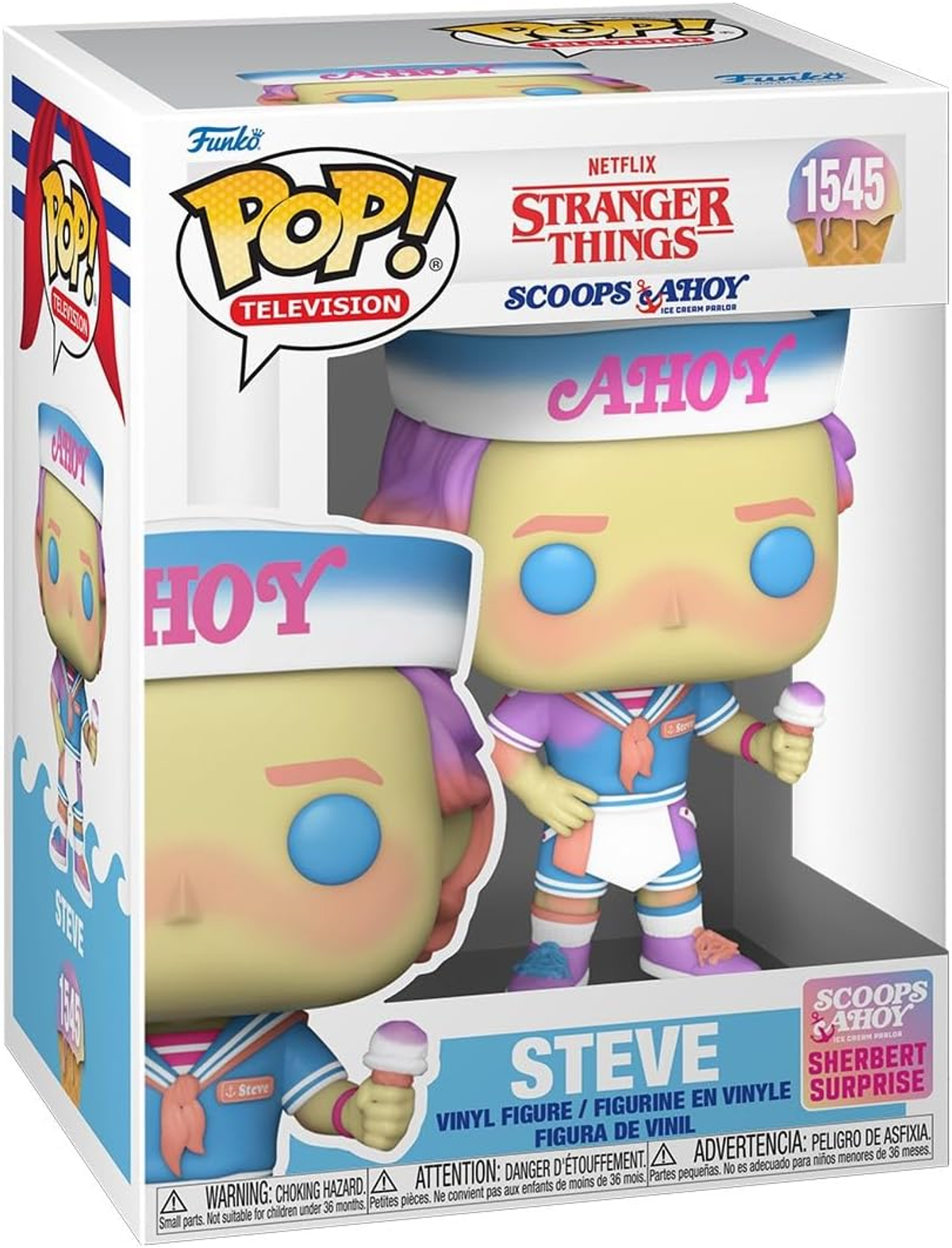 Una scatola Funko Pop che mostra una figurina di una persona in costume da marinaio. La scatola mostra il nome 'STEVE' e 'AHY'.
