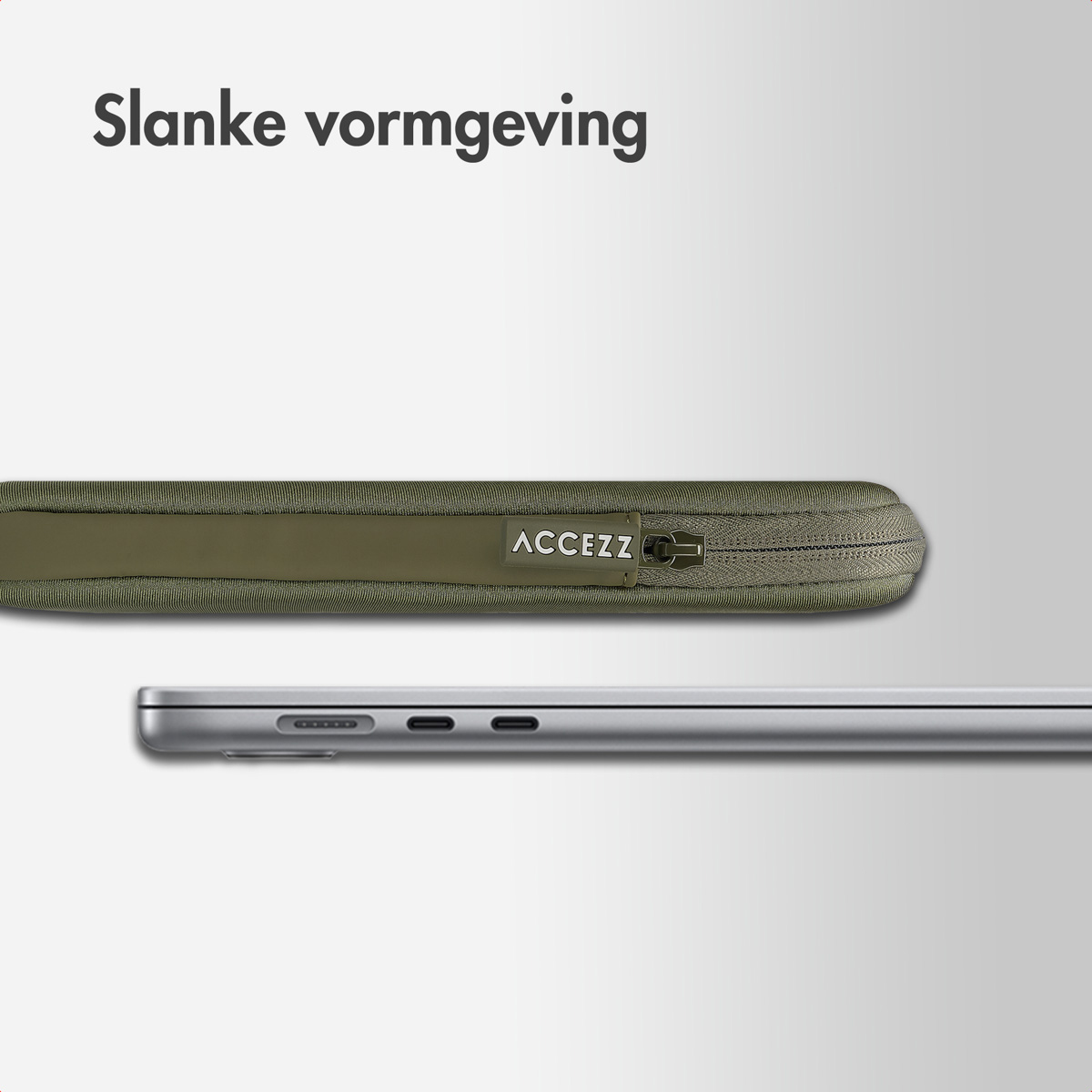 Green laptop sleeve with "ACCEZZ" label and zipper, resting on a laptop.