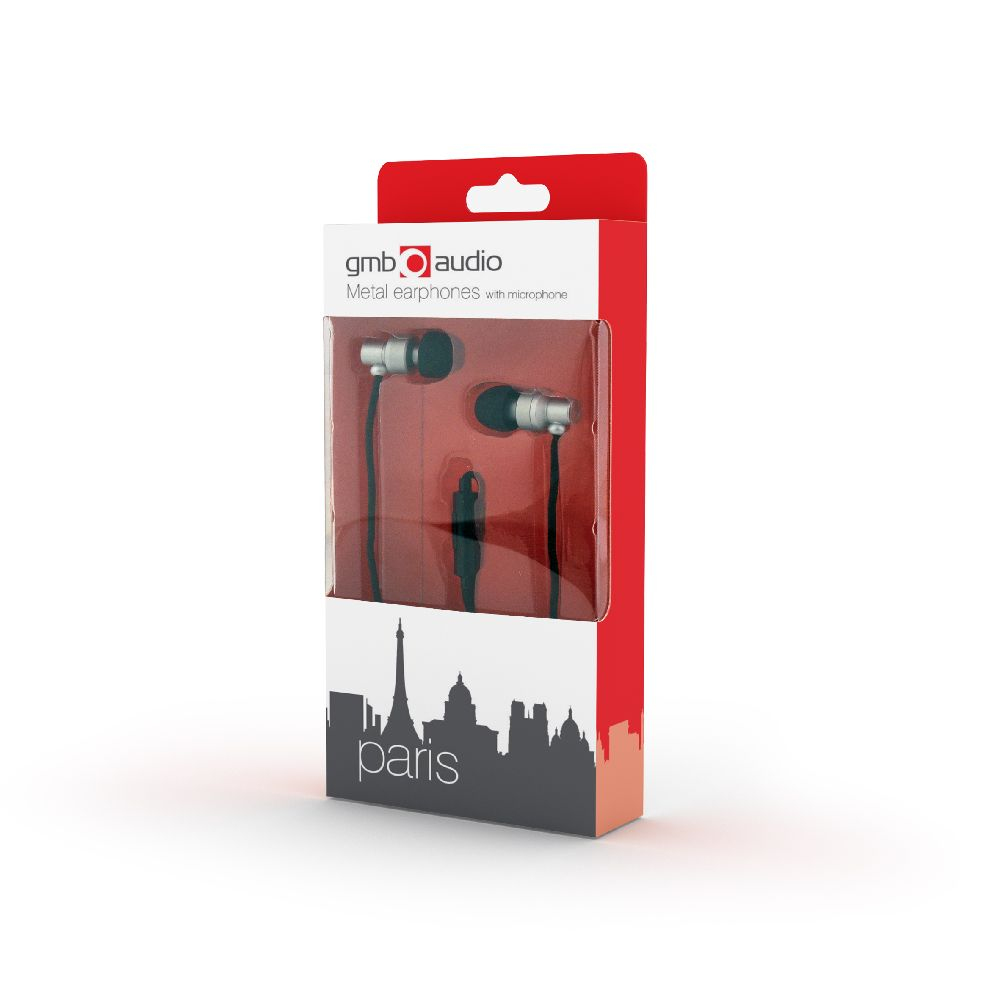 Auriculares en una caja, con una silueta de París en la parte frontal.