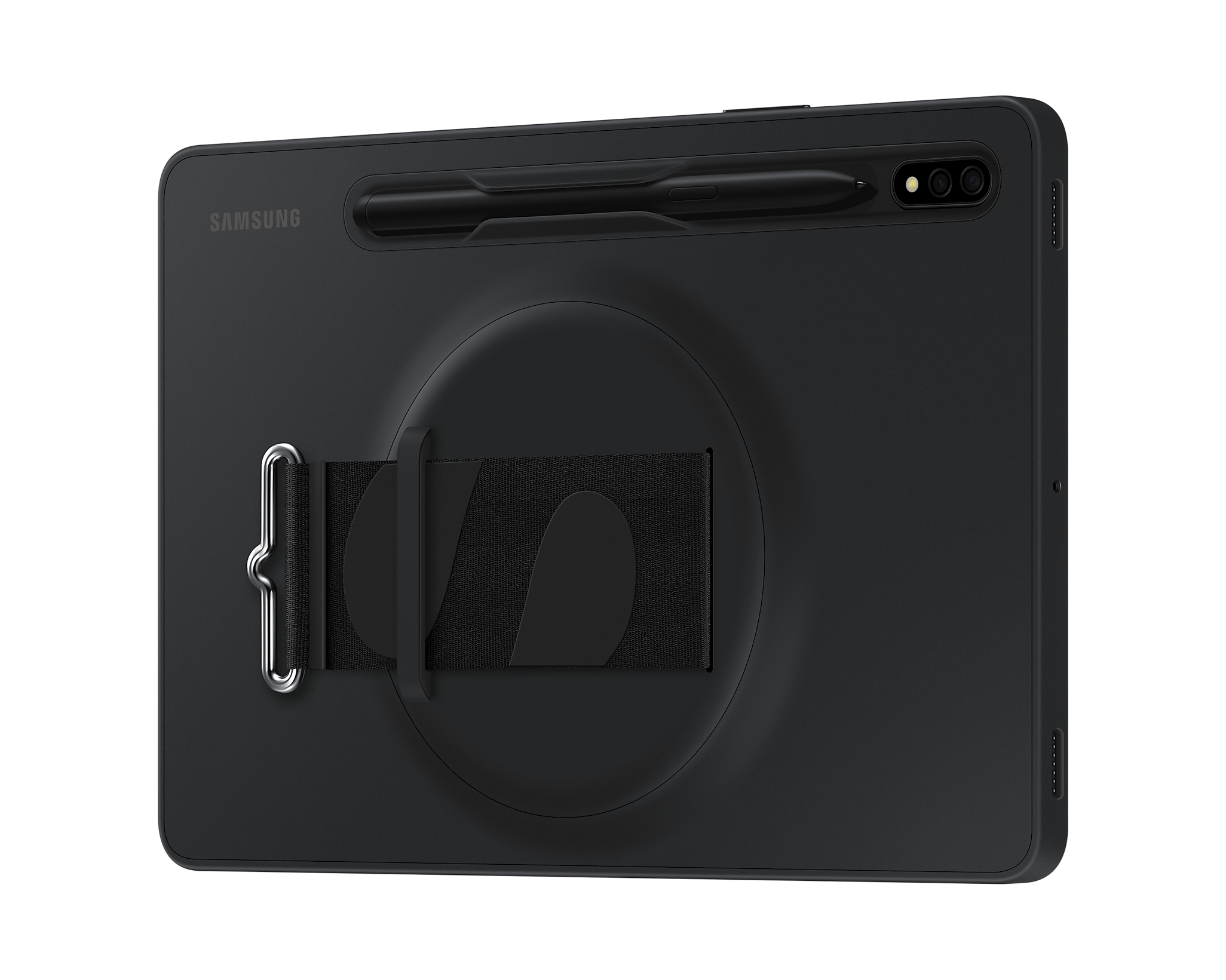 Schwarzes Tablet mit Rückseite, Stift und einem Riemen in kreisförmigem Design.