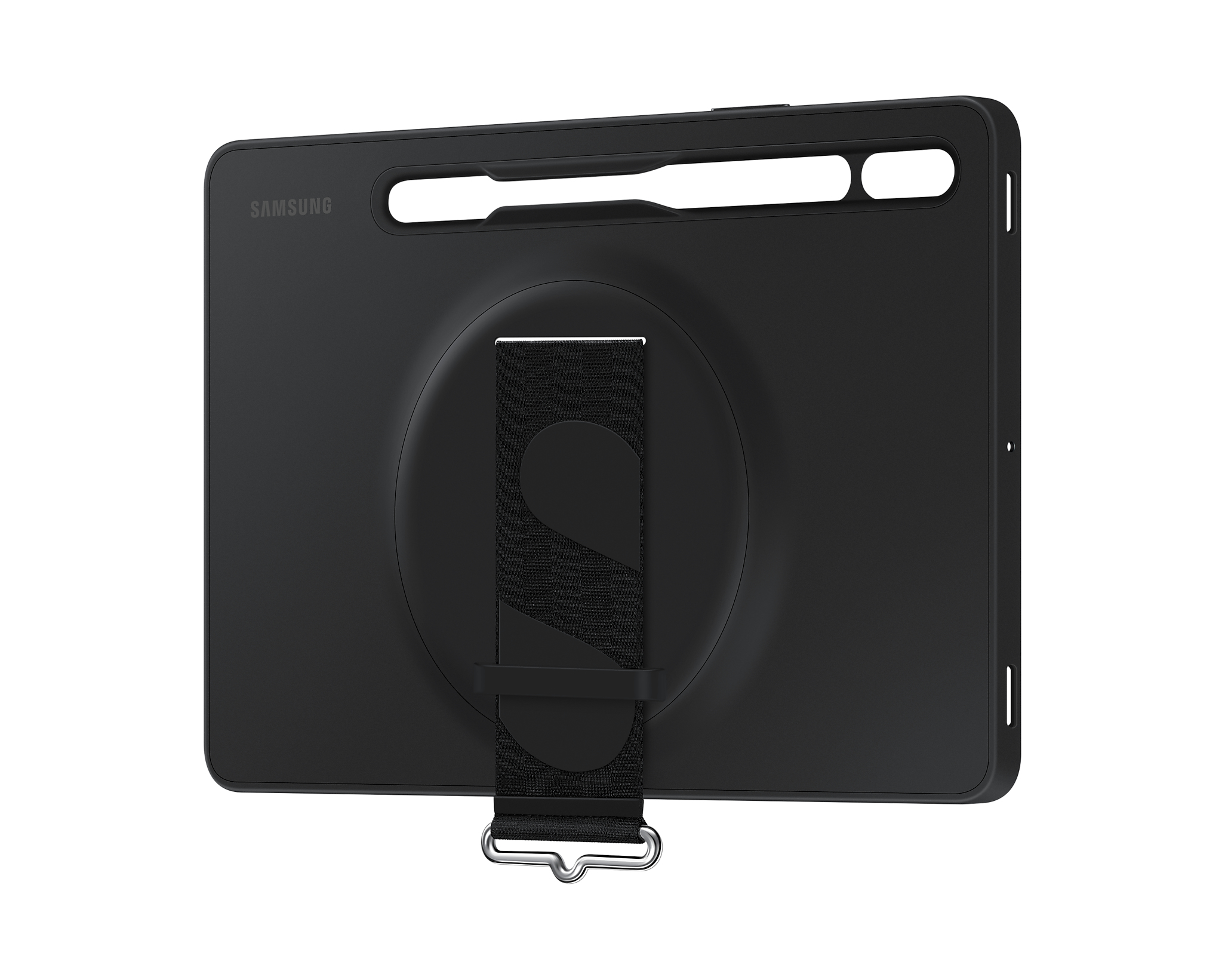 Schwarze Tablethülle mit Logo und Handschlaufe. Die Hülle bedeckt die Rückseite des Tablets. Weißer Hintergrund.