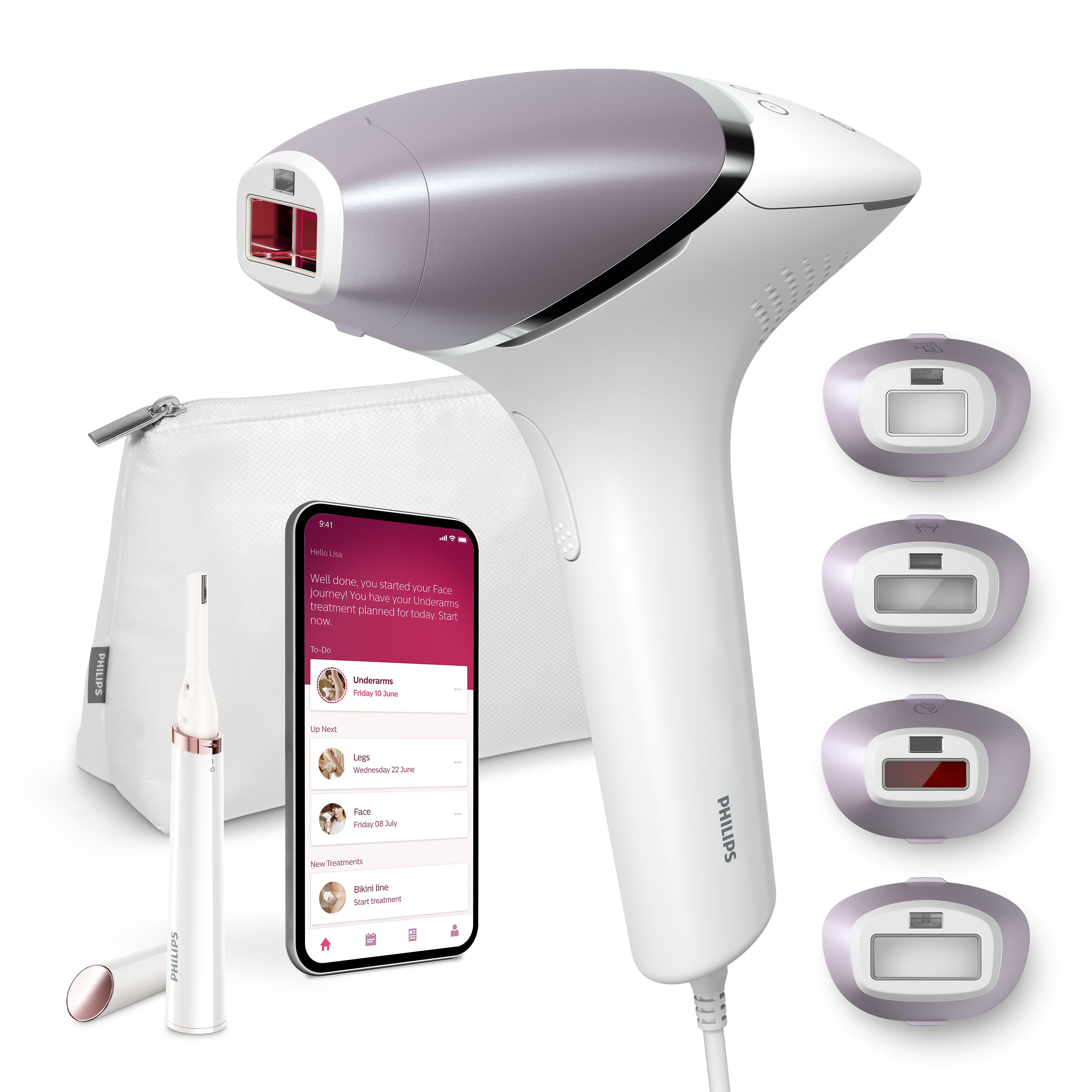 Un dispositivo de depilación blanco y púrpura con accesorios y un teléfono que muestra una aplicación.