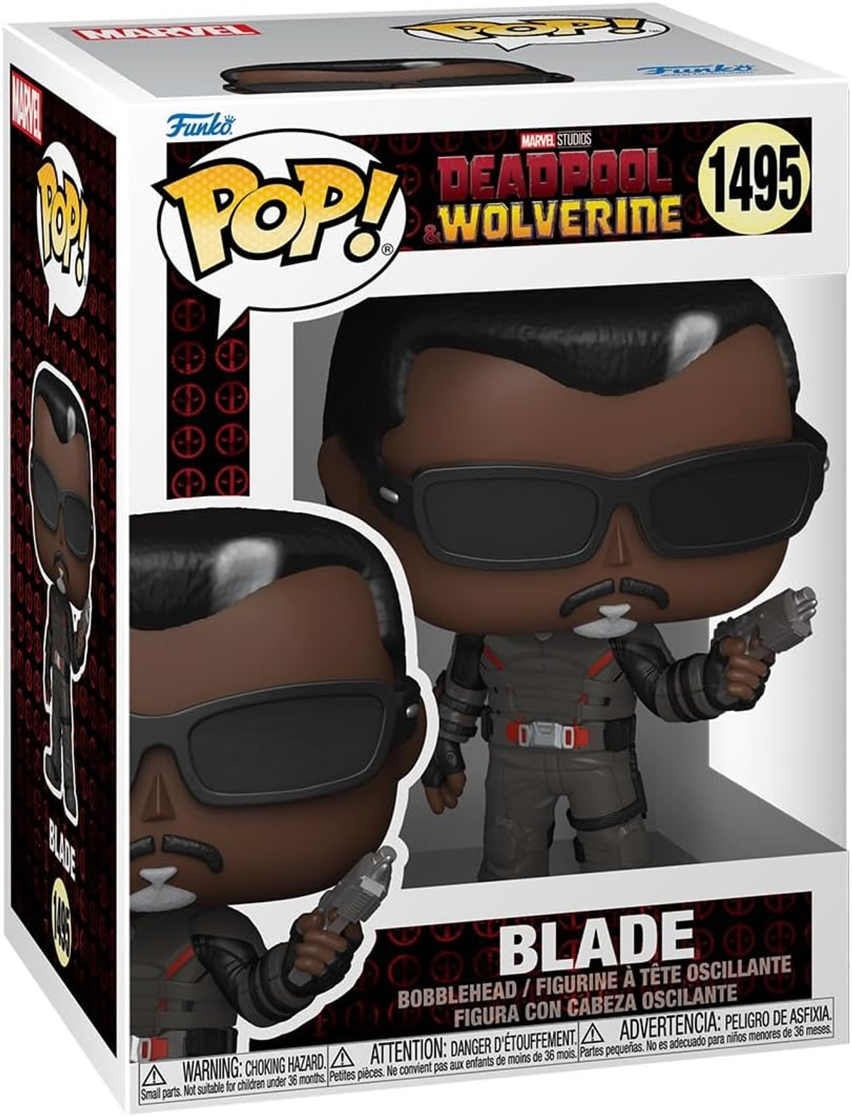 Figura de Blade con gafas de sol, sosteniendo una pistola, en caja Funko Pop.