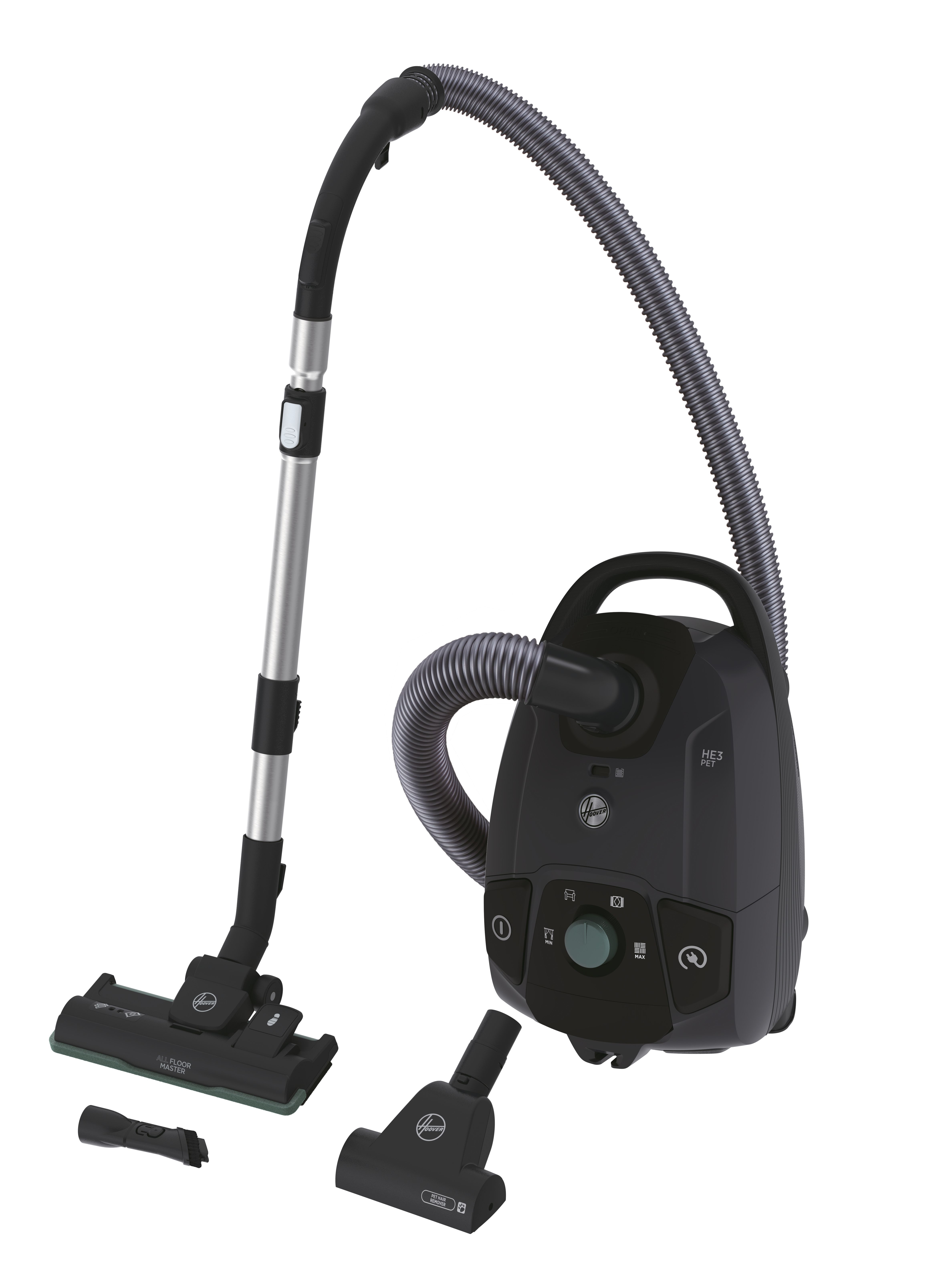 Un aspirapolvere Hoover nero. Include tubo, accessori e un corpo principale.