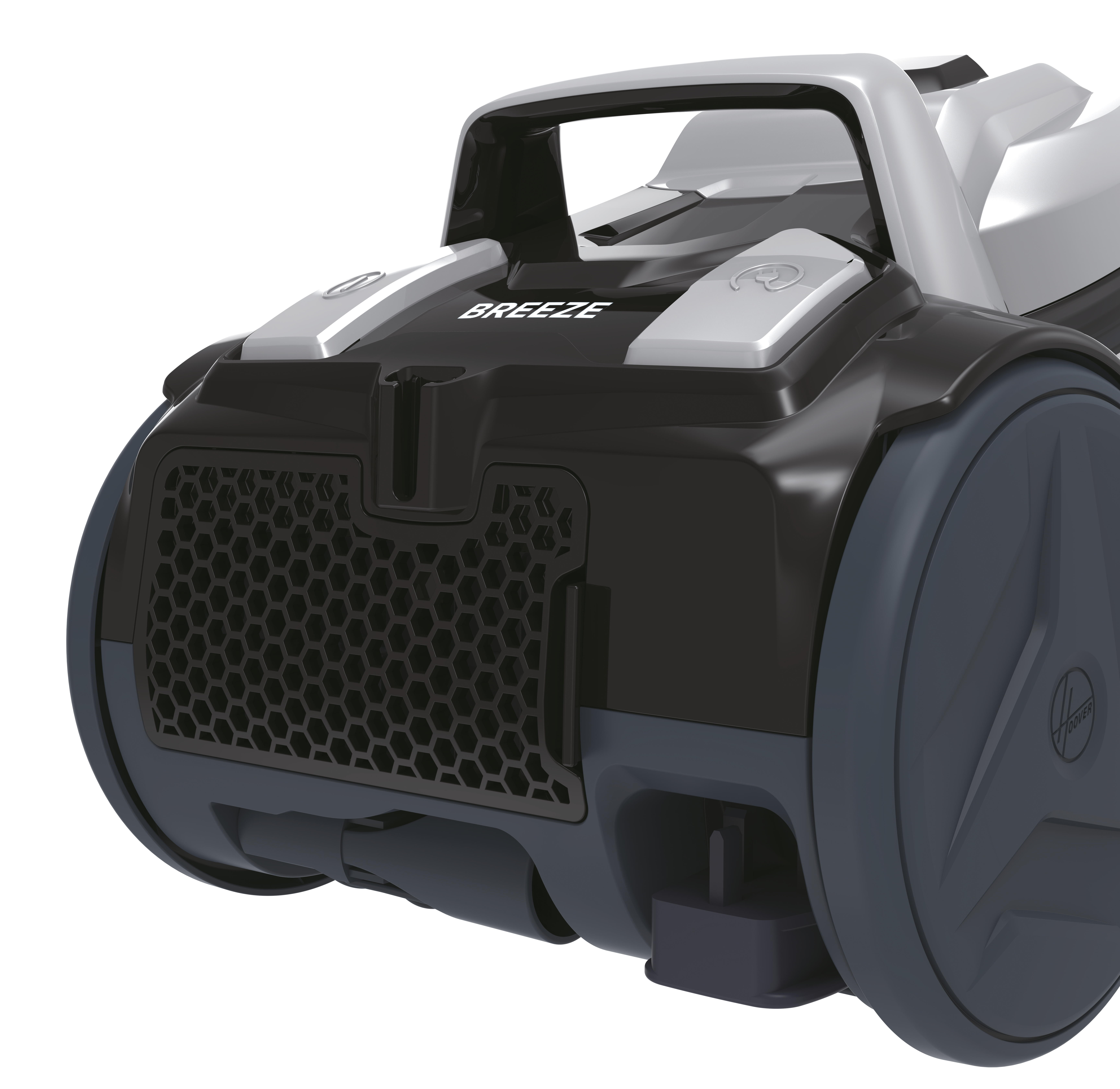 Czarny i szary odkurzacz Hoover, widok z przodu, z napisem 'BREEZE'.