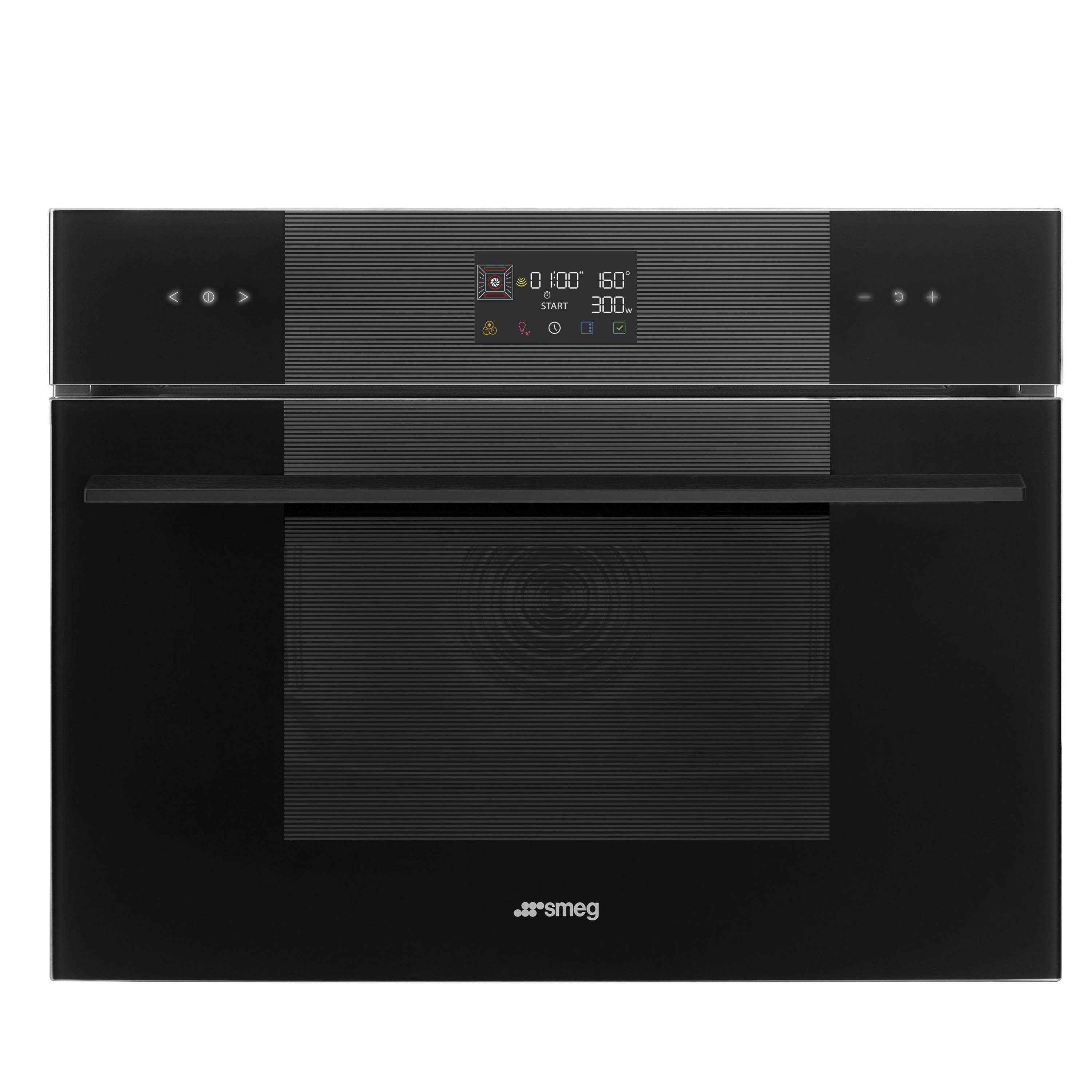 Un forno a incasso nero con un display digitale che mostra numeri e simboli, con una maniglia.