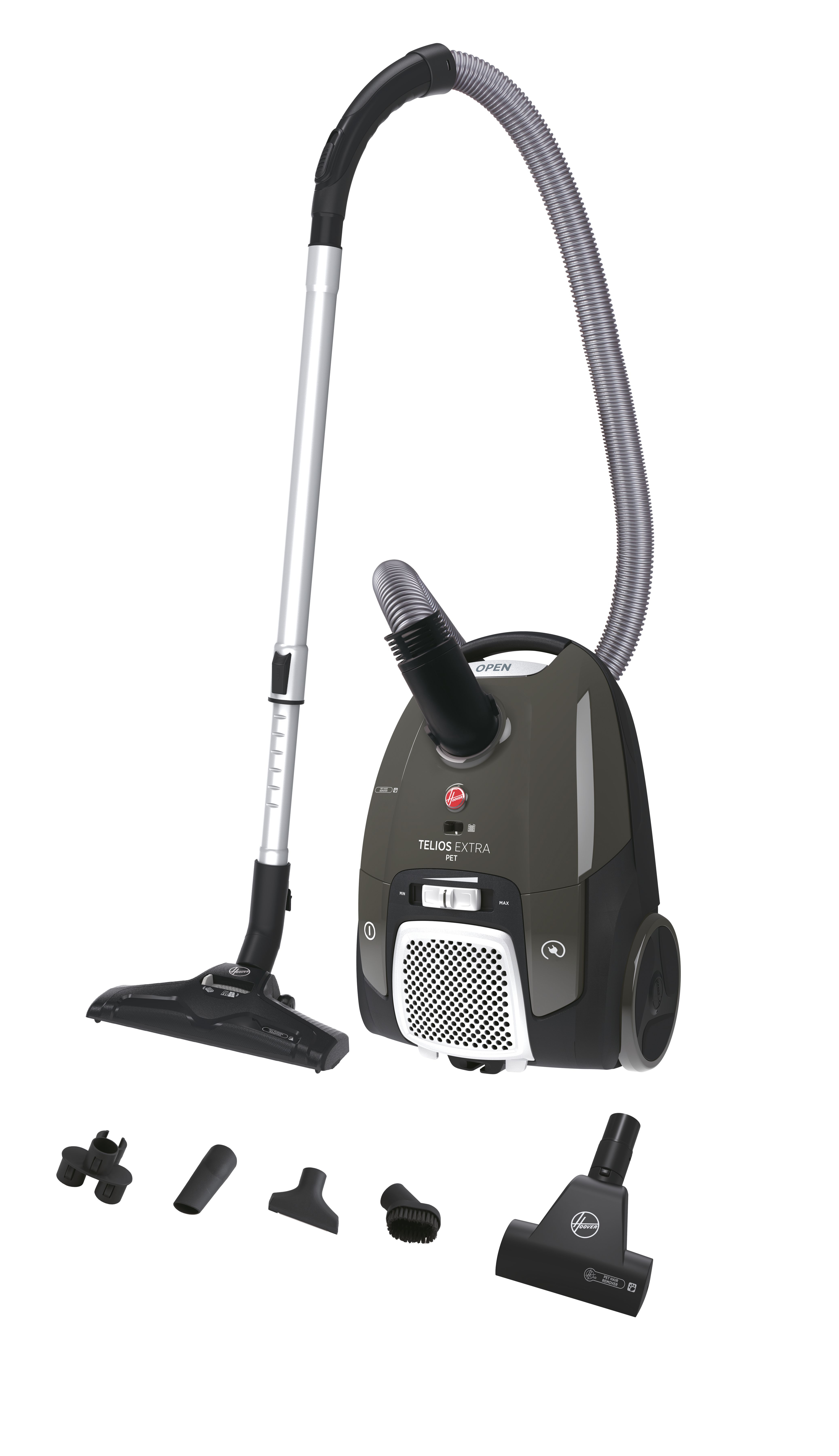 Odkurzacz z akcesoriami. Ciemnoszara obudowa ze srebrnym uchwytem i wężem. Akcesoria.