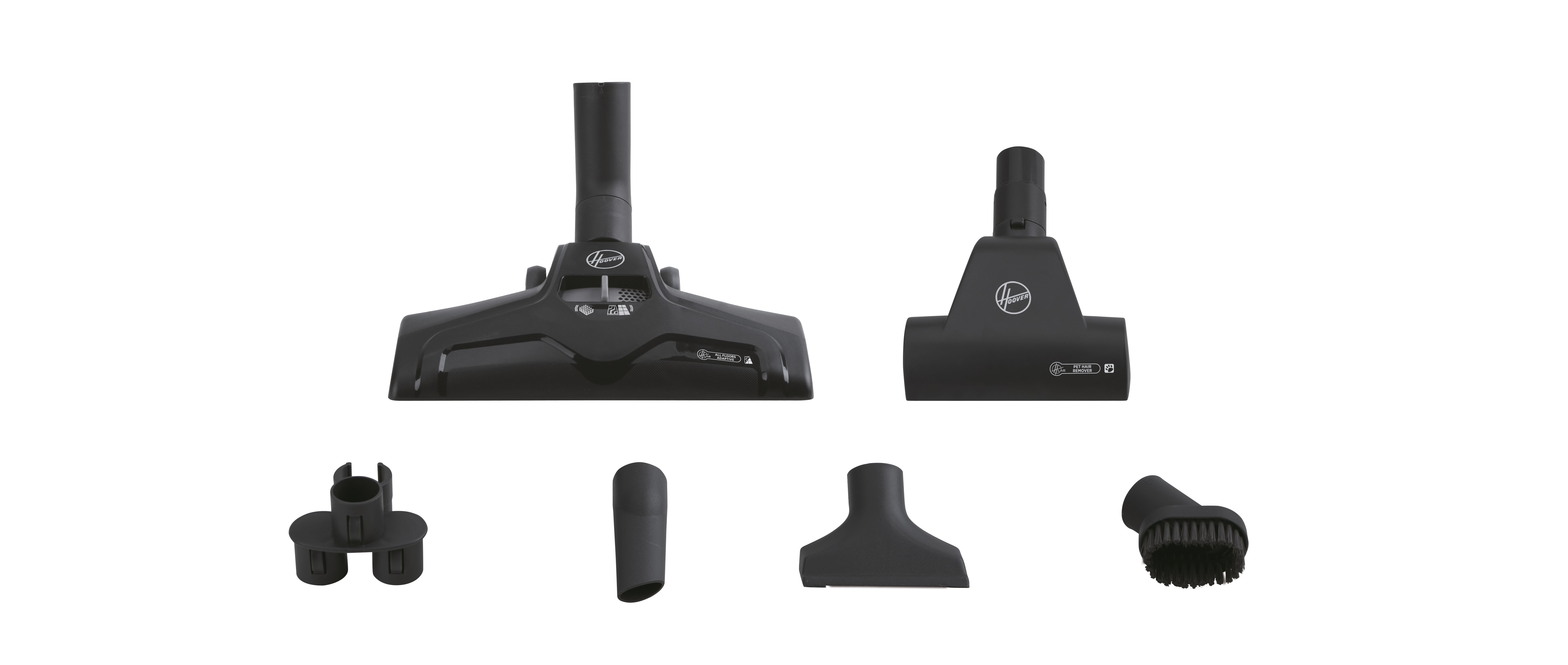 Akcesoria do odkurzacza, czarne. Zawierają szczotkę, dyszę i inne narzędzia czyszczące.