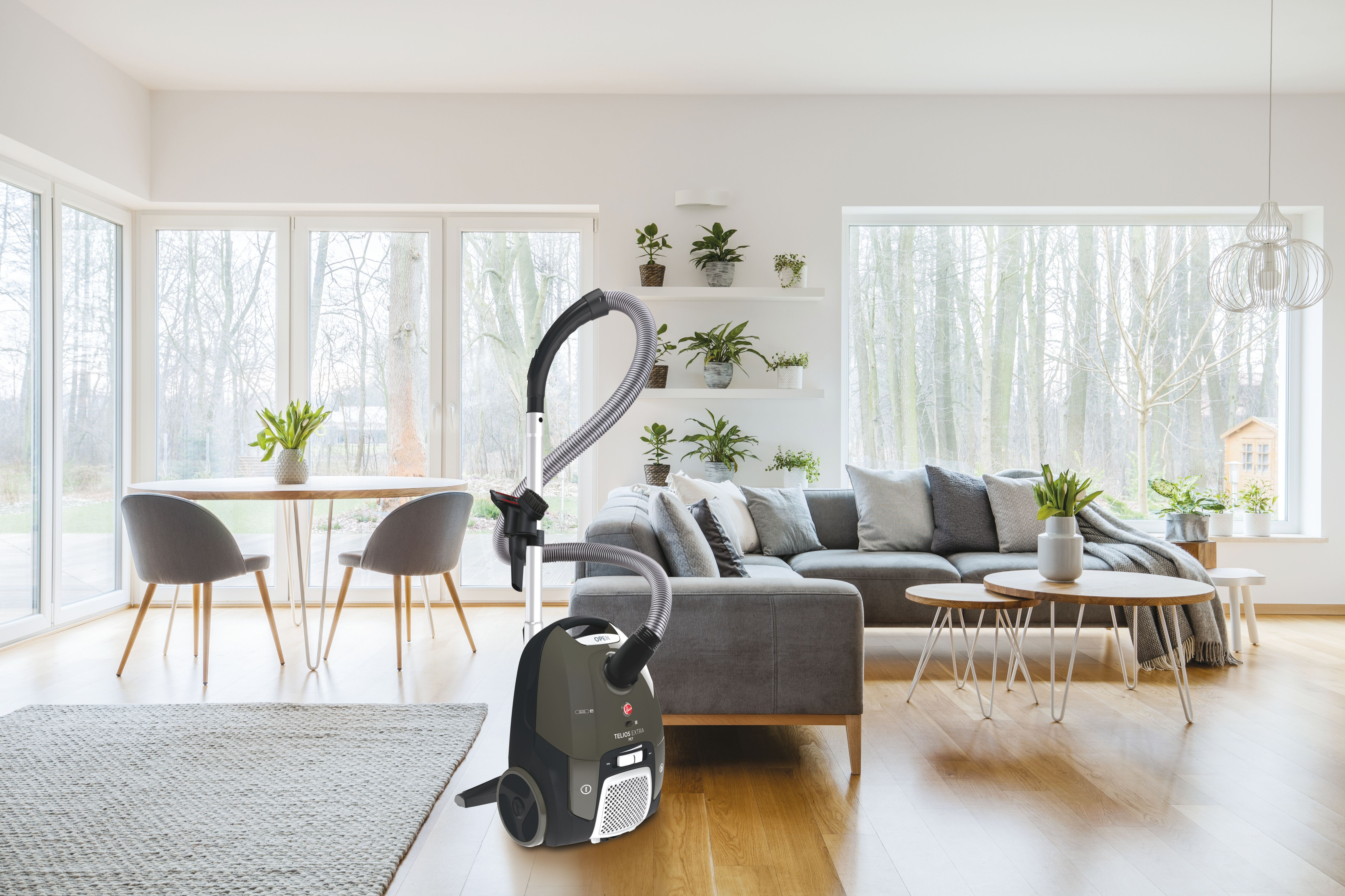 Salon z szarą sofą, odkurzaczem i oknami z widokiem na las.