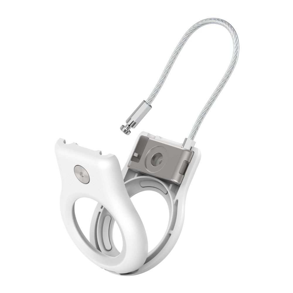 Weißes Diebstahlschutzgerät mit Kabel, geöffnet. Weißer Hintergrund.