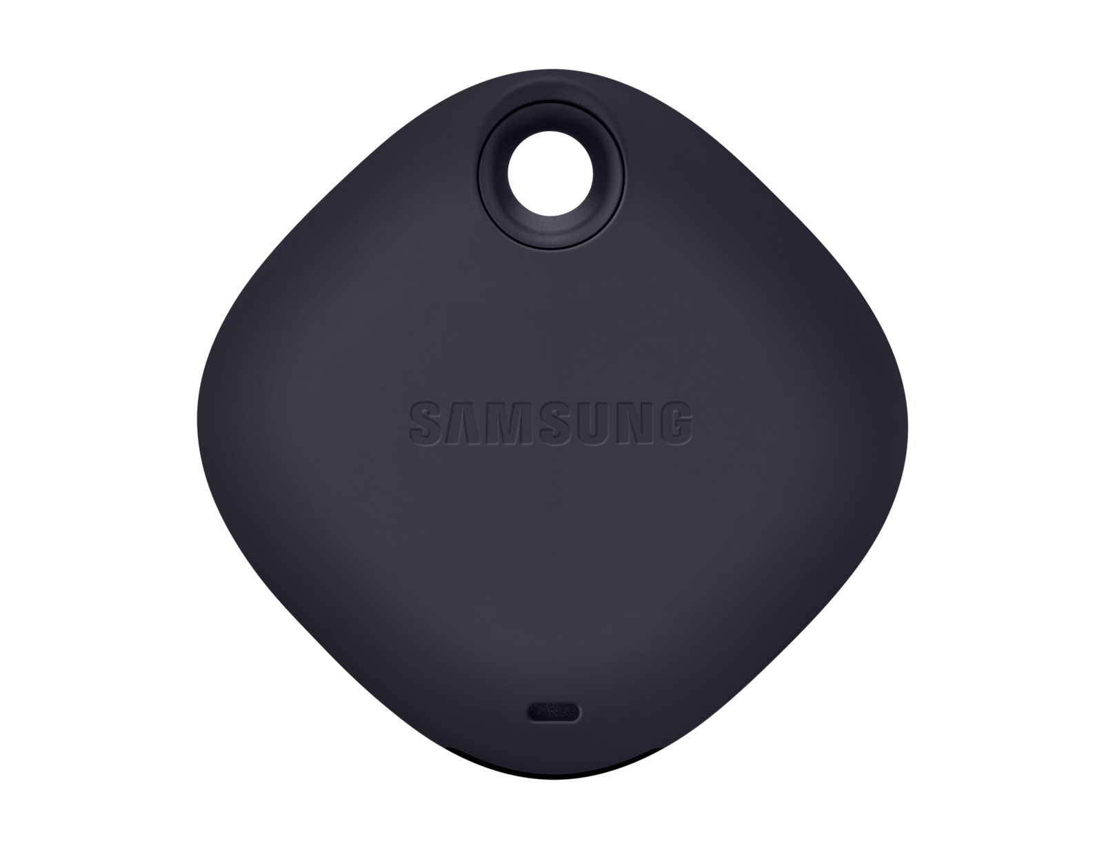 Czarny, diamentowy Samsung SmartTag z otworem. Widoczne logo Samsung.