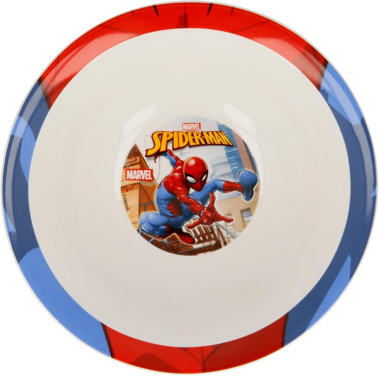 Cuenco de Spider-Man con borde rojo y azul. El centro muestra a Spider-Man.