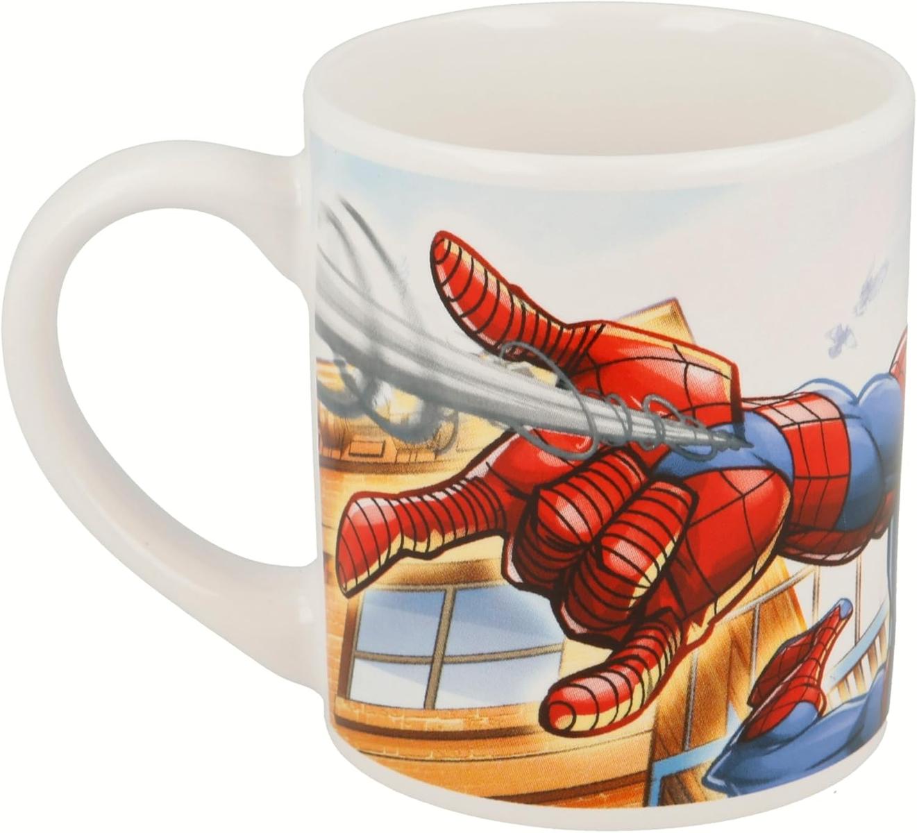 Taza de Spider-Man. La imagen muestra a Spider-Man balanceándose, con traje rojo y azul.