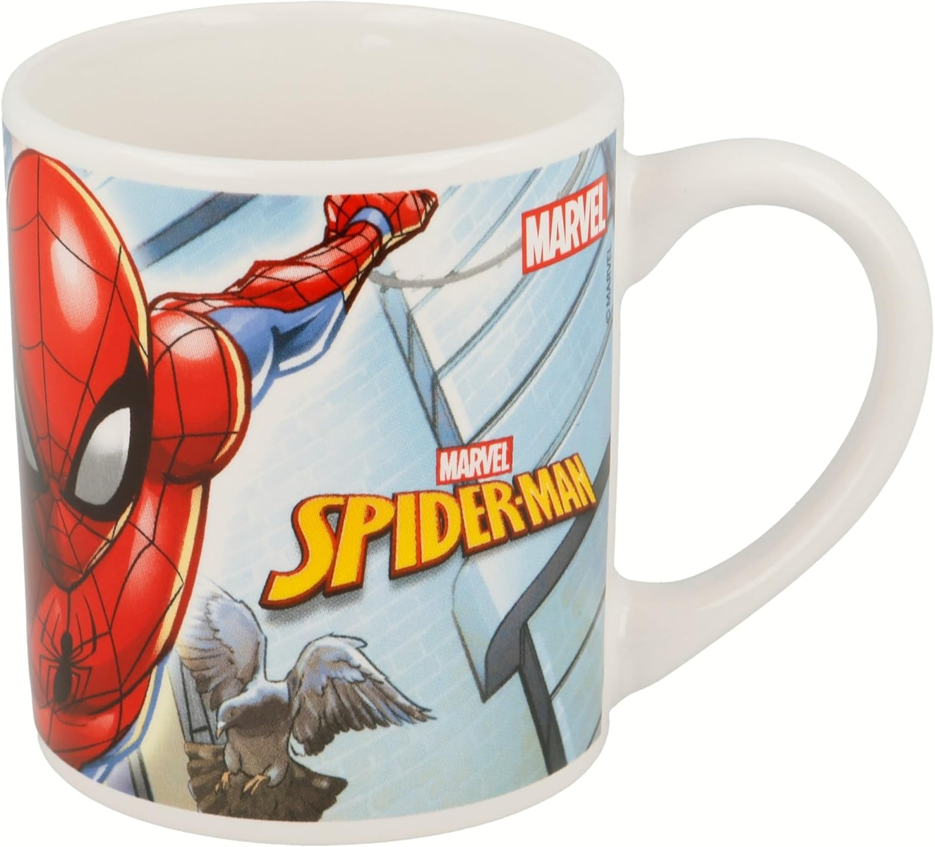 Taza blanca de Spider-Man con asa. Muestra a Spider-Man con un fondo de edificio y el logotipo de Marvel.