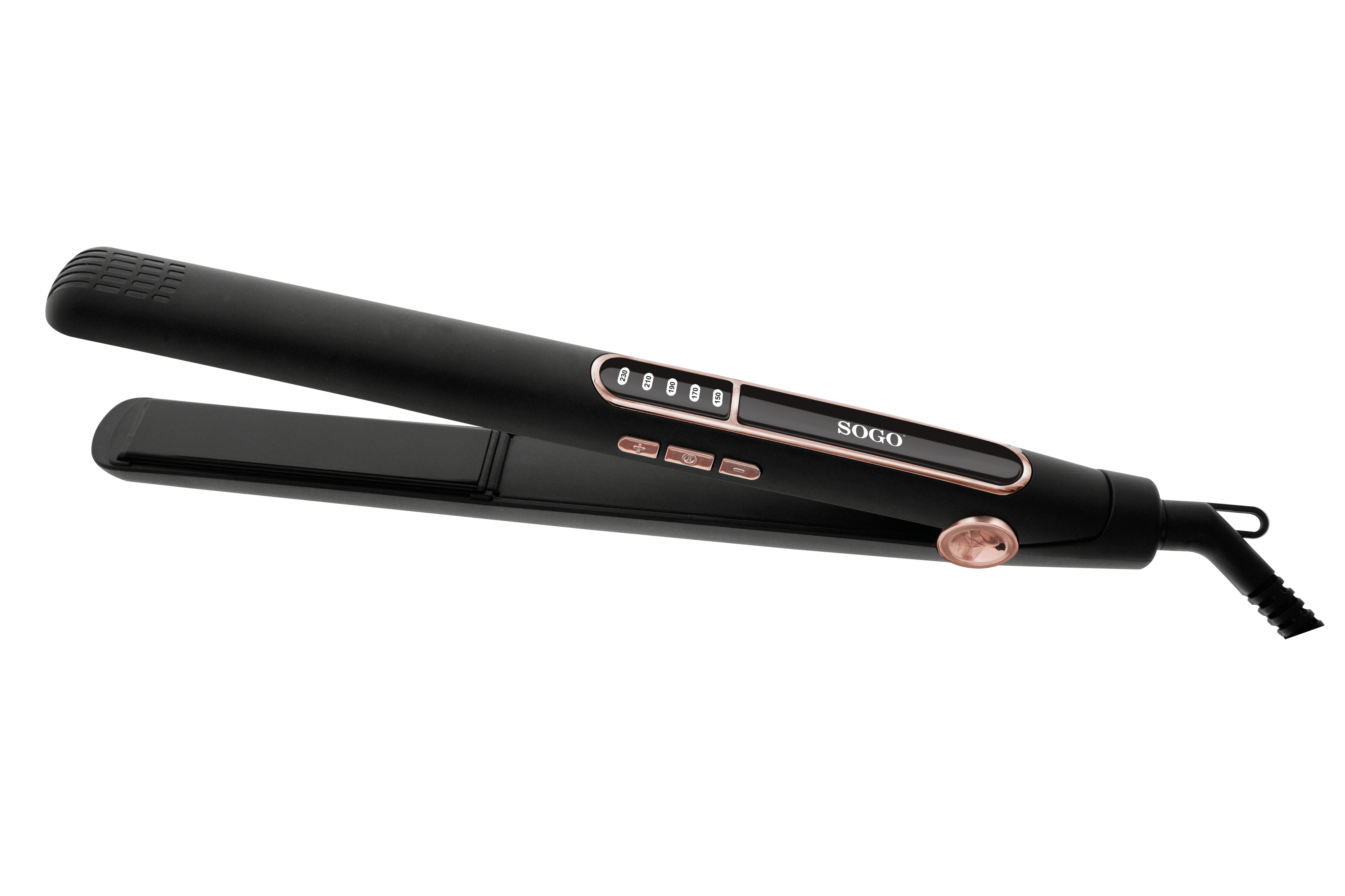 Ein schwarzer und roségoldener Sogo-Haarglätter. Weißer Hintergrund.