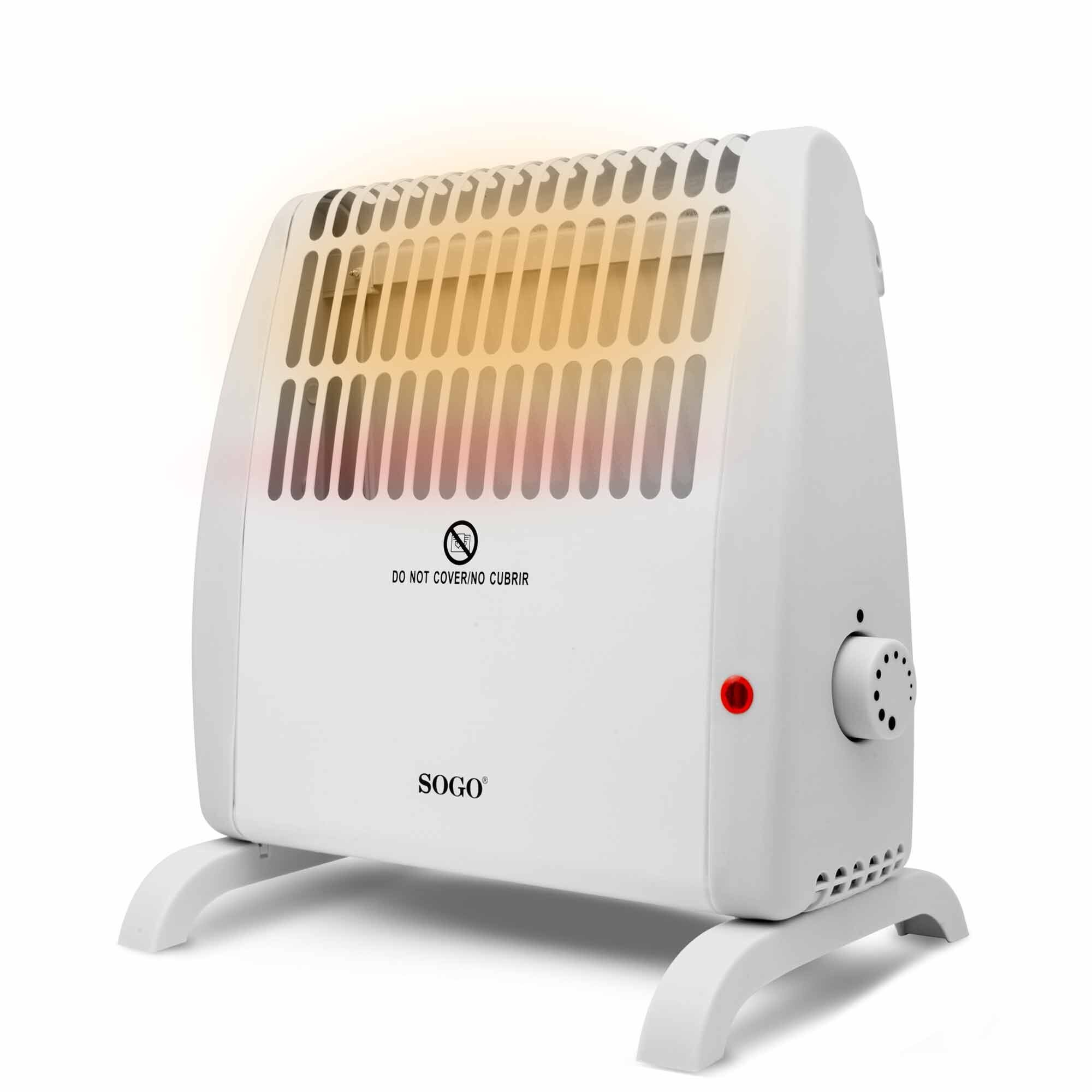 Un riscaldatore SOGO bianco con luce rossa e un quadrante. Il riscaldatore è acceso.
