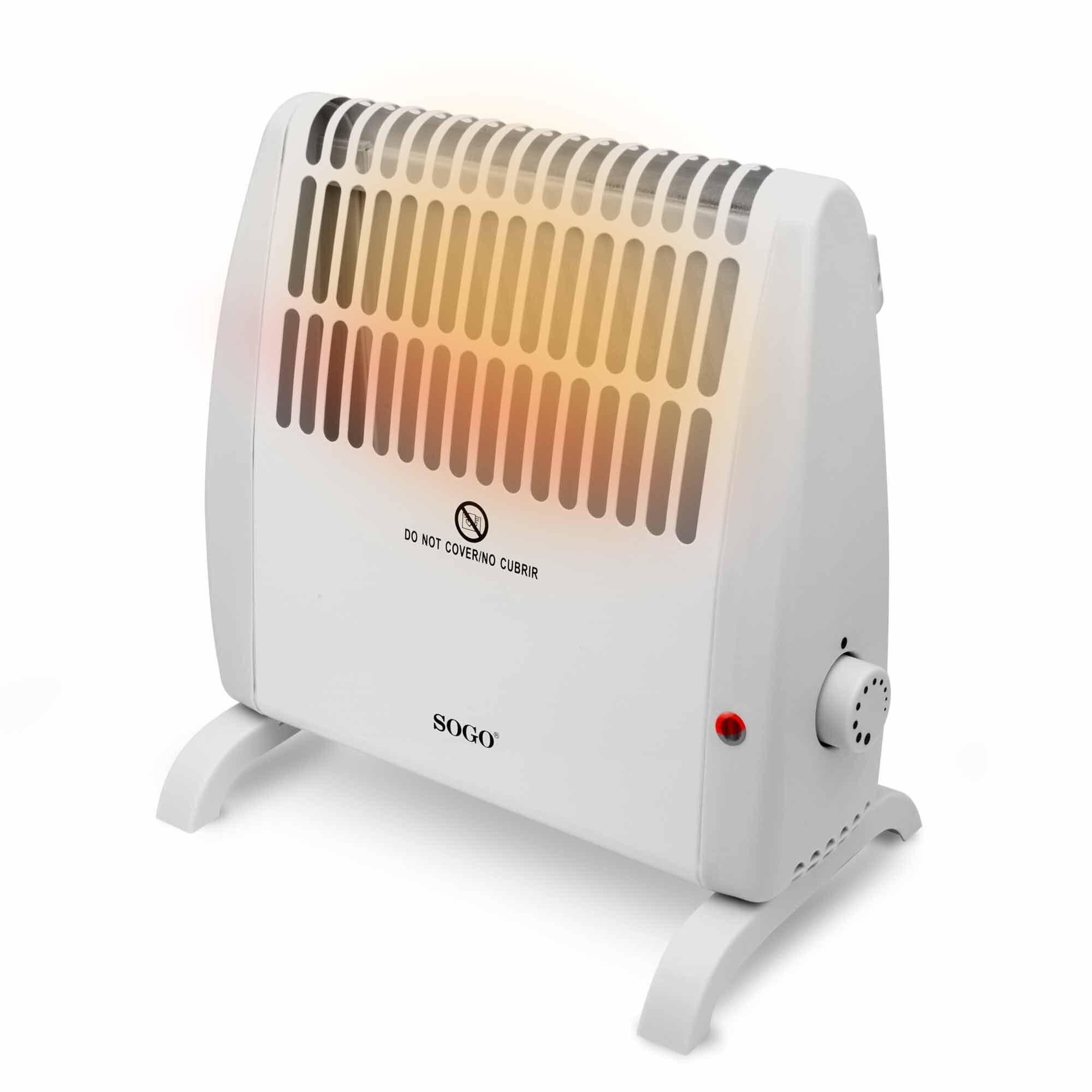 Un riscaldatore SOGO bianco con luce rossa. Il riscaldatore è acceso e incandescente. Sfondo bianco.