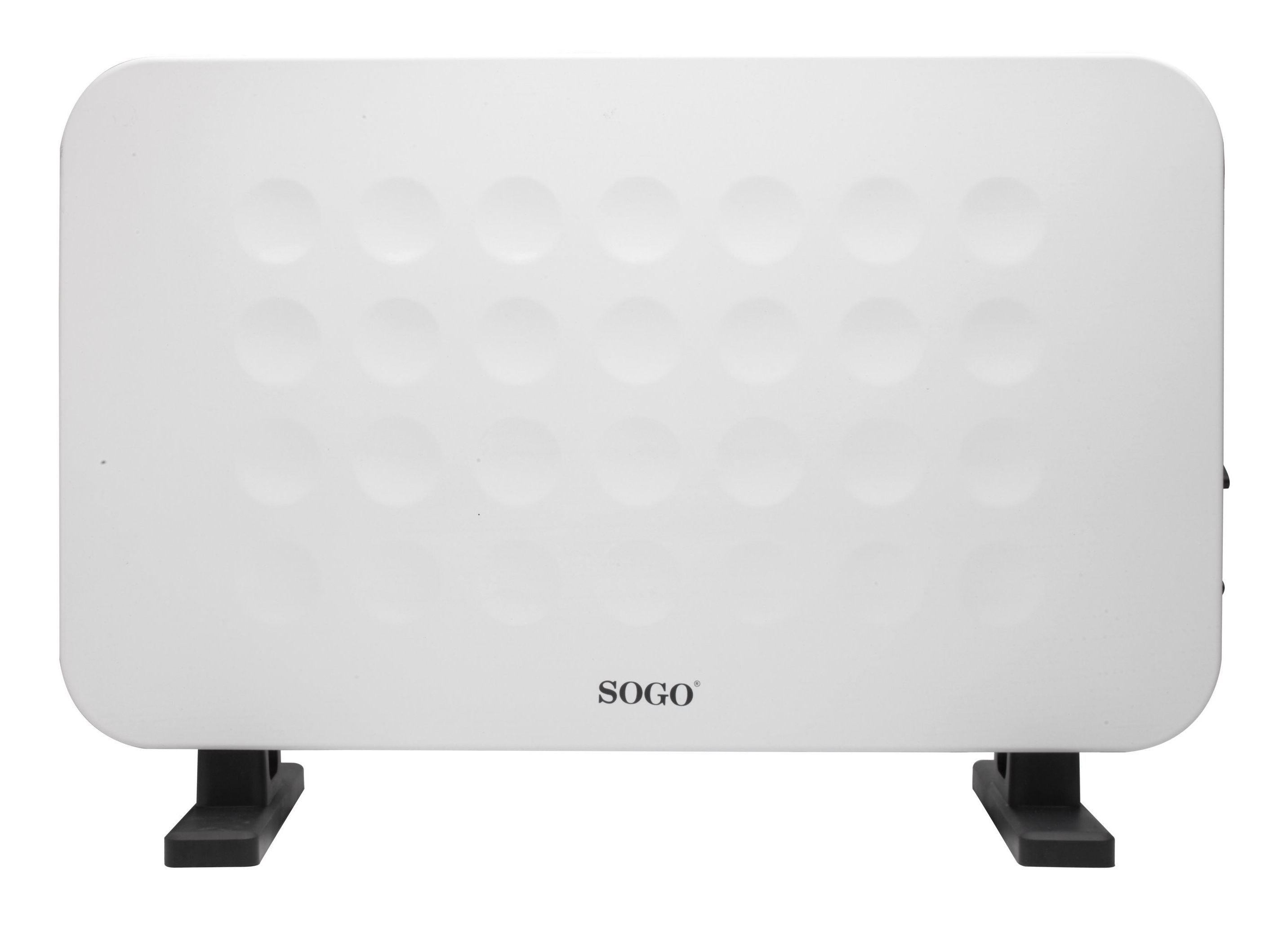 Calentador eléctrico Sogo blanco con un patrón de puntos en la parte delantera y pies negros.