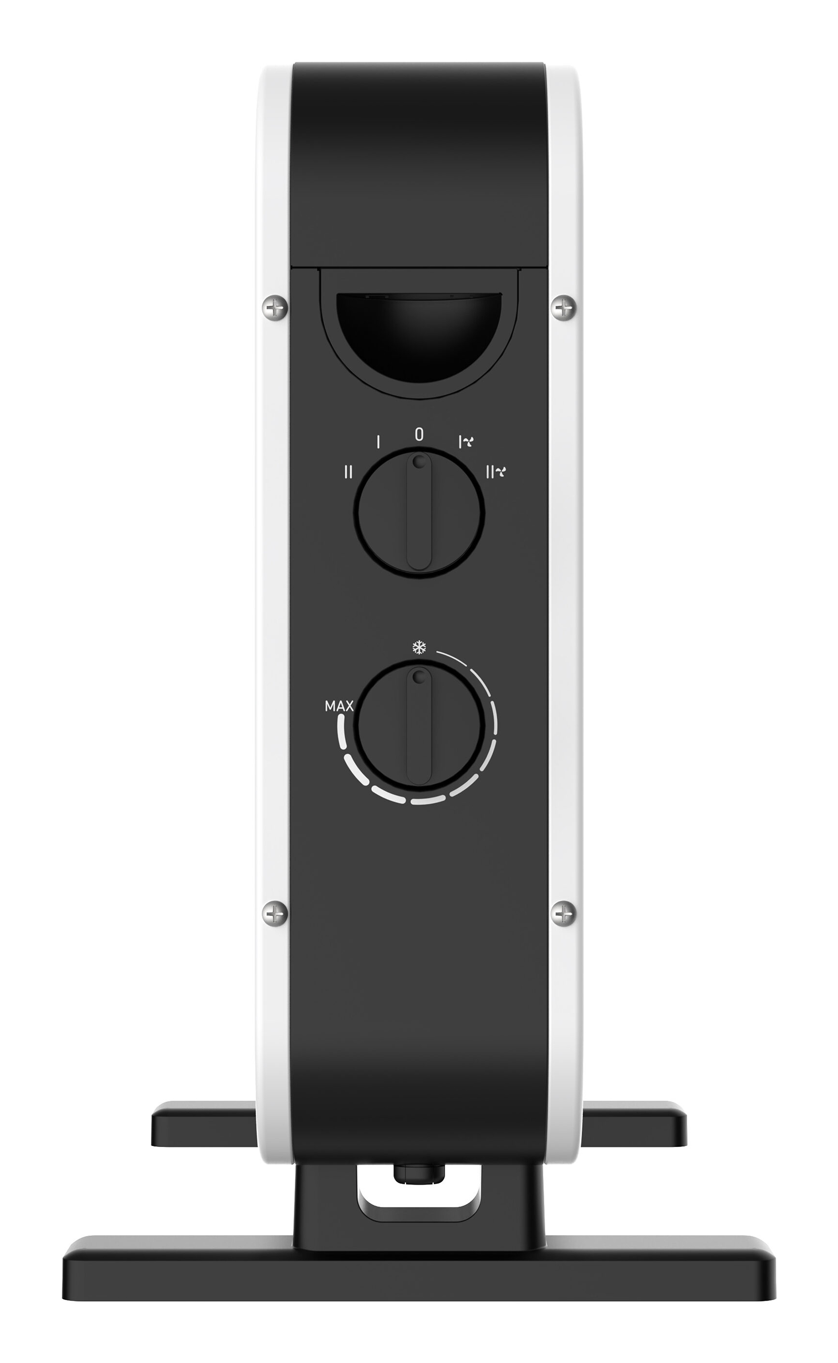 Un radiador SOGO blanco y negro. Tiene diales y una base. Sobre un fondo blanco.