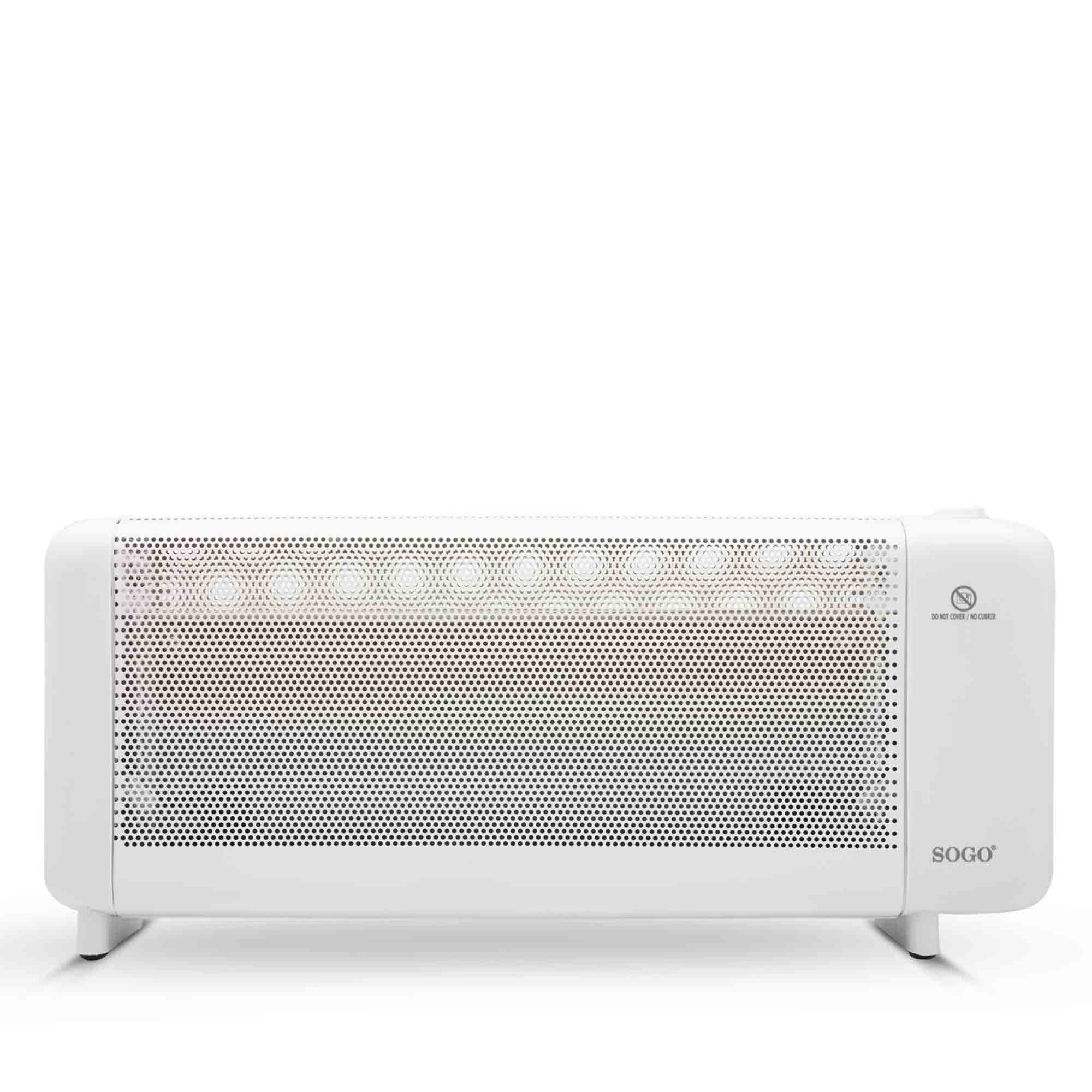 Un calefactor SOGO blanco. Está encendido y tiene fondo blanco. Muchos puntos al frente.